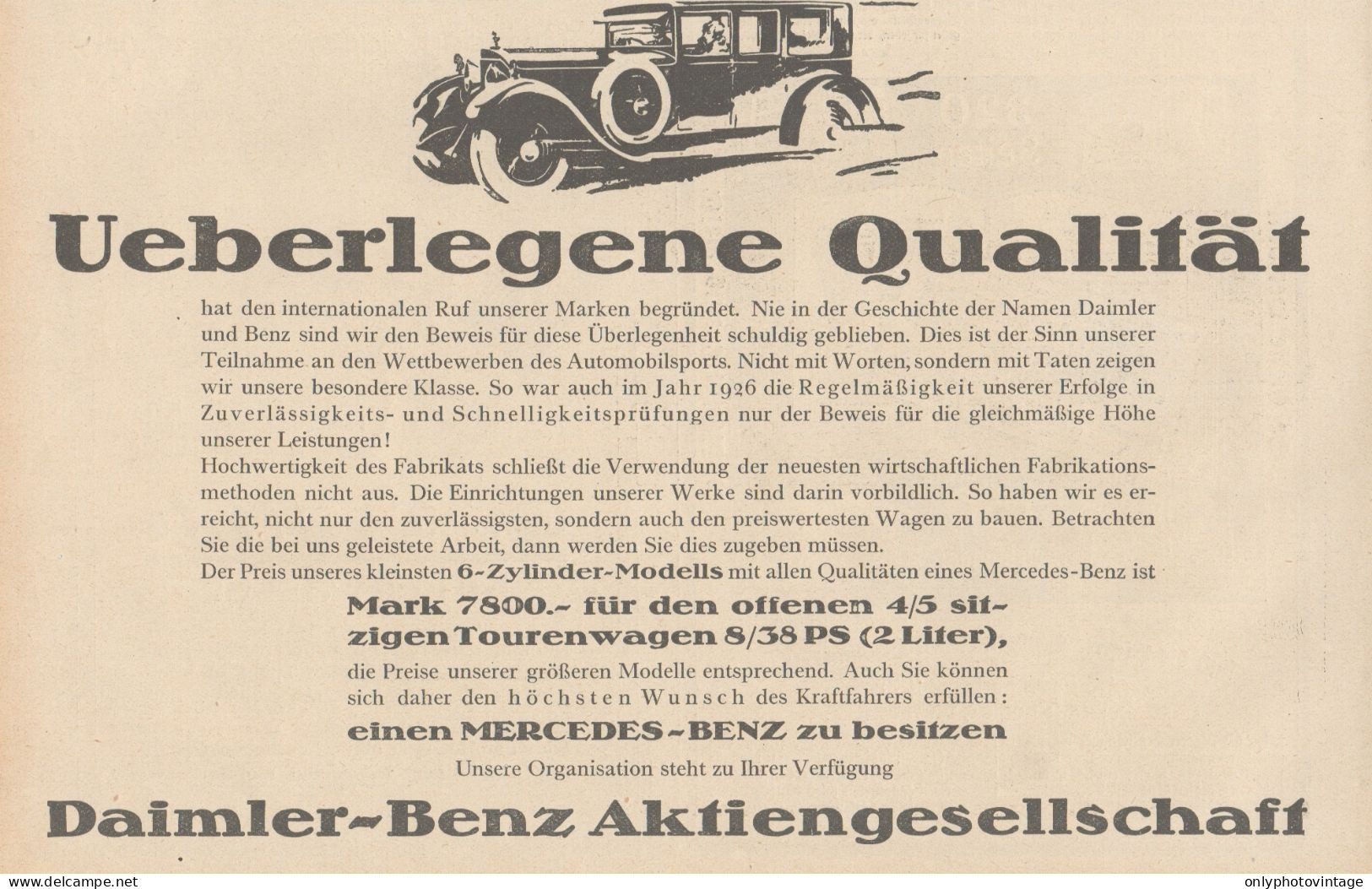 Automobile MERCEDES-BENZ - Pubblicità D'epoca - 1927 Old Advertising - Publicidad