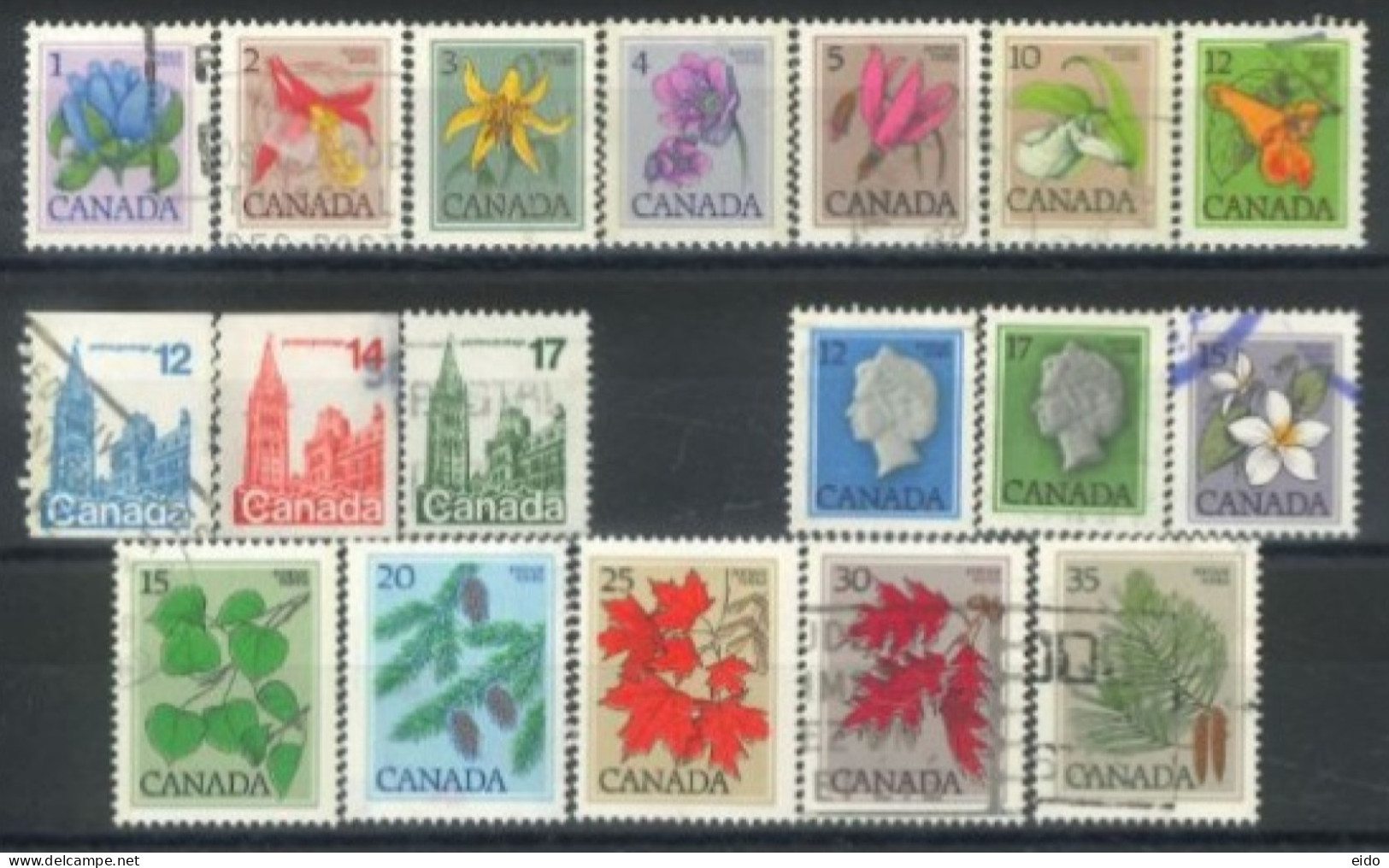 CANADA - 1977, QUEEN ELIZABETH II, HOUSE OF PARLIAMENT, FLOWERS & LEAVES STAMPS SET OF 18, USED. - Usati
