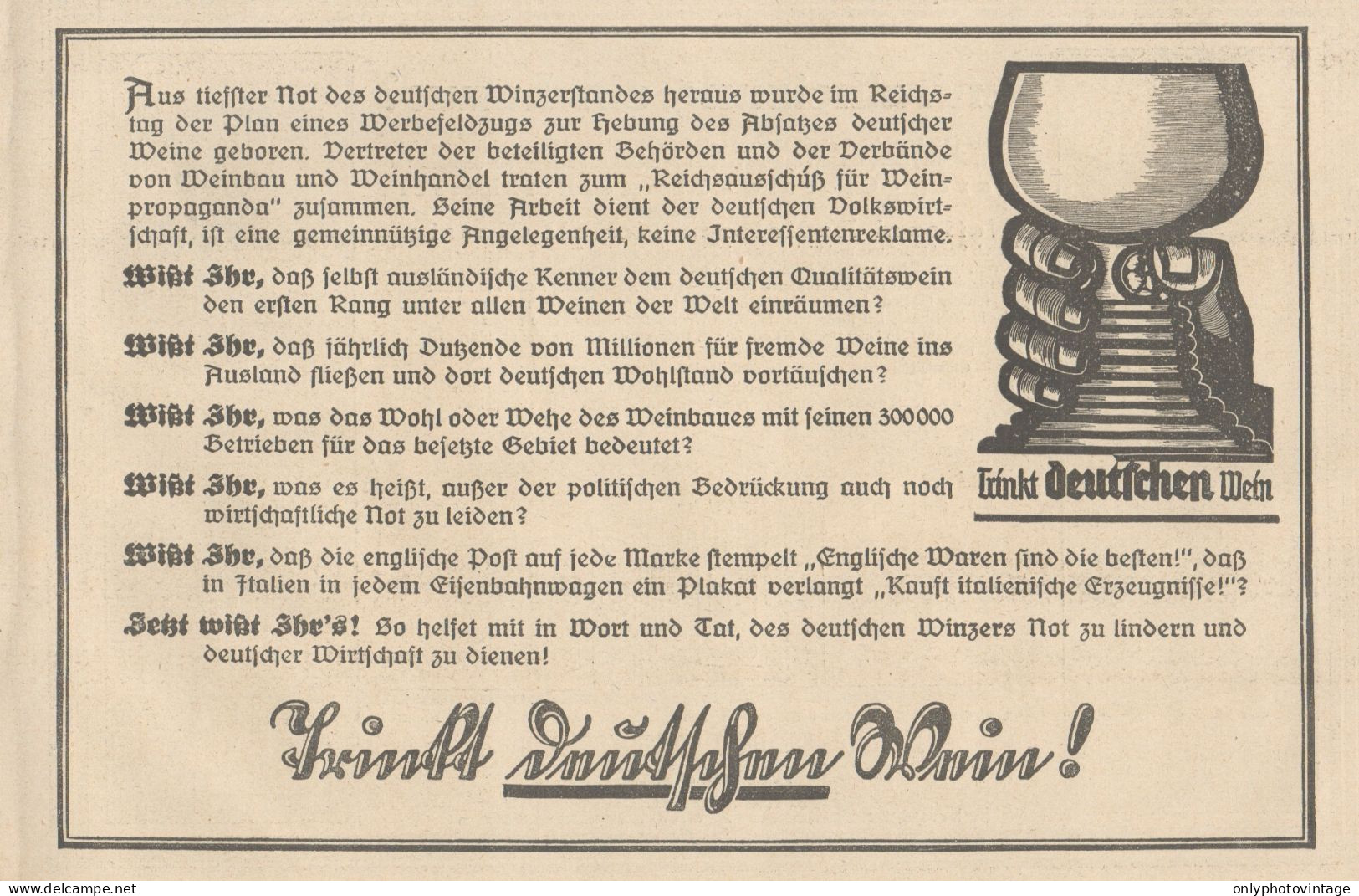 Trìnkt Deutschen Wein - Pubblicità D'epoca - 1927 Old Advertising - Werbung