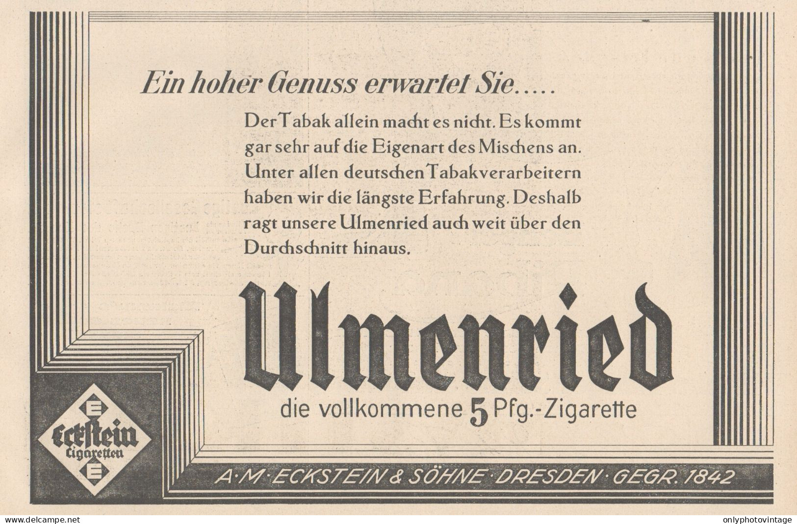 Sigarette ECKSTEIN Ulmenried - Pubblicità D'epoca - 1927 Old Advertising - Publicidad