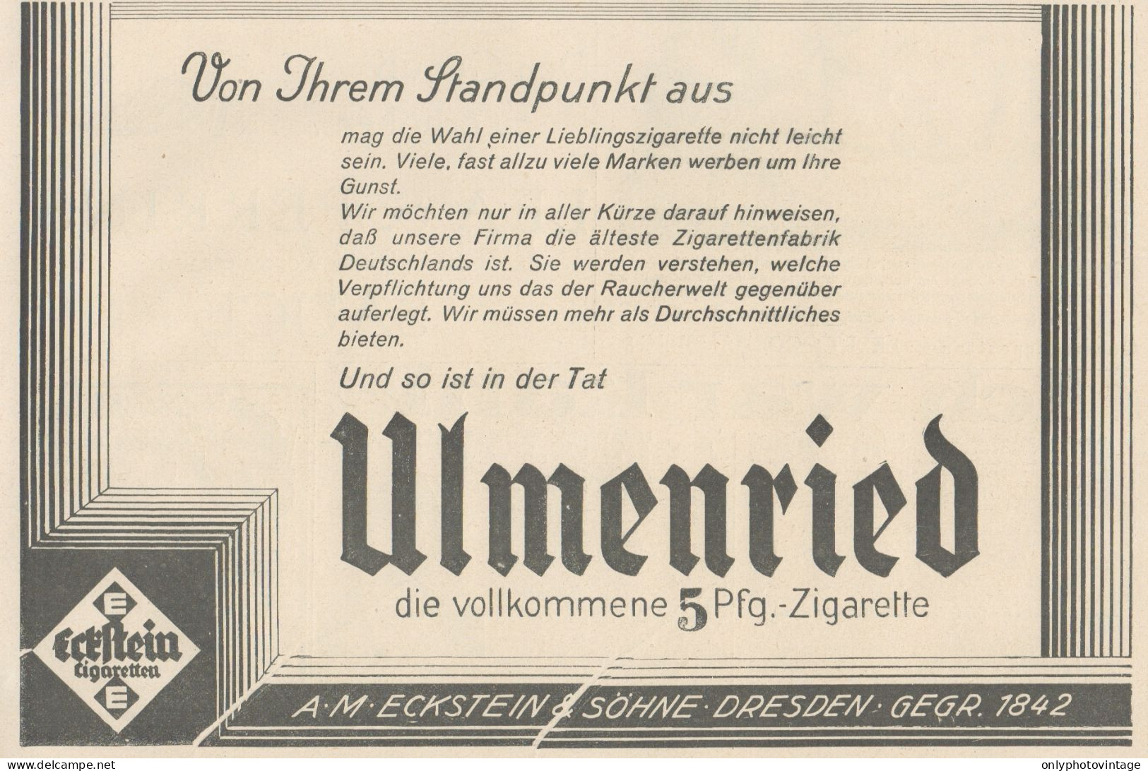 Sigarette ECKSTEIN Ulmenried - Pubblicità D'epoca - 1927 Old Advertising - Werbung