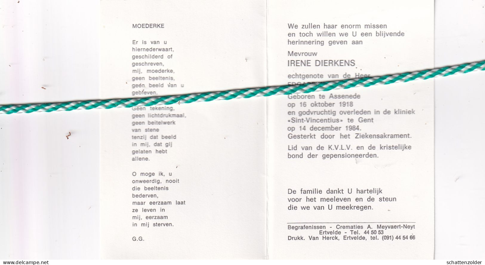 Irene Dierkens-Willems, Assenede 1918, Gent 1984 - Obituary Notices