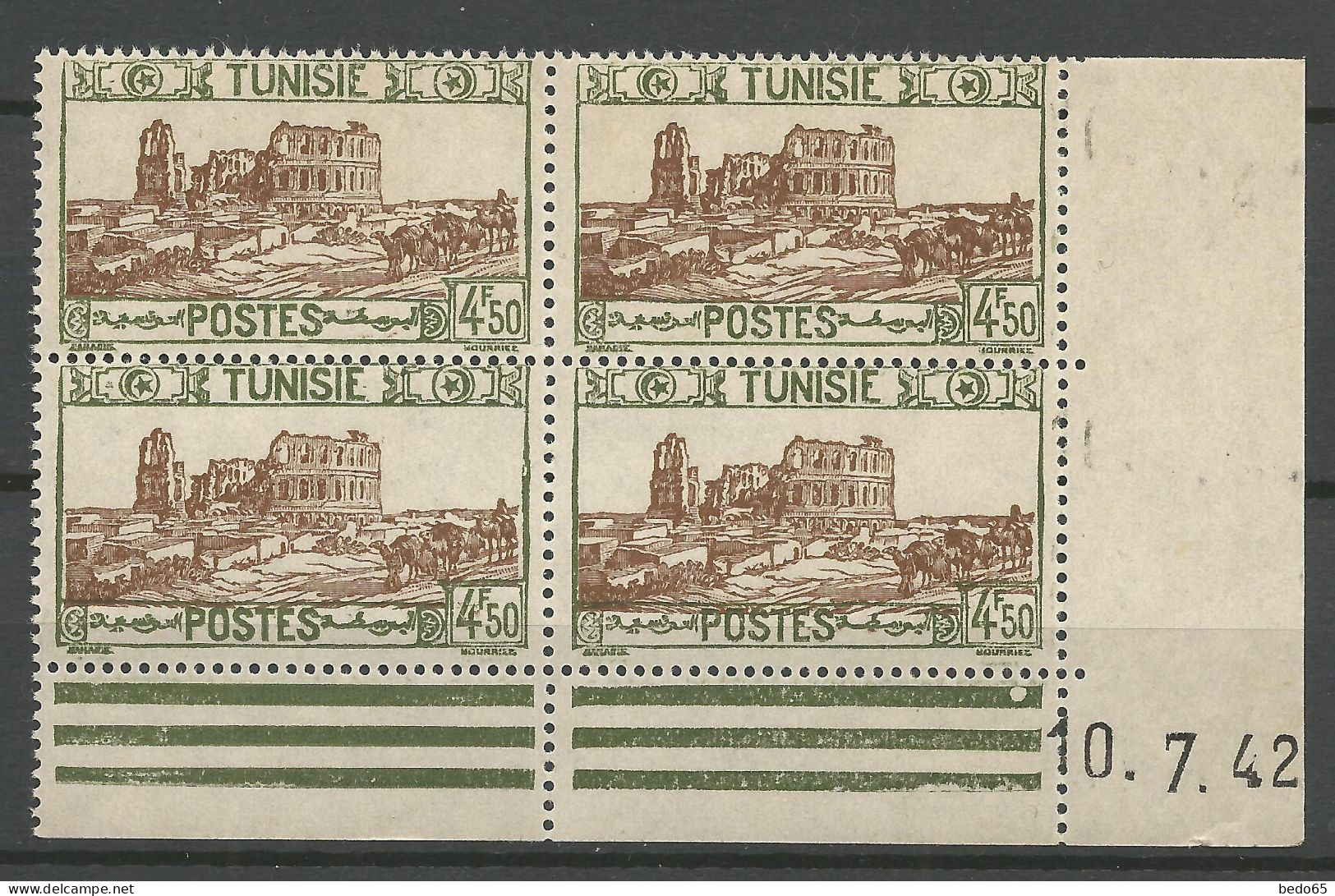 TUNISIE N° 239 Bloc De 4 Coin Daté  10 / 7 / 42 NEUF** LUXE SANS CHARNIERE NI TRACE / Hingeless  / MNH - Ongebruikt