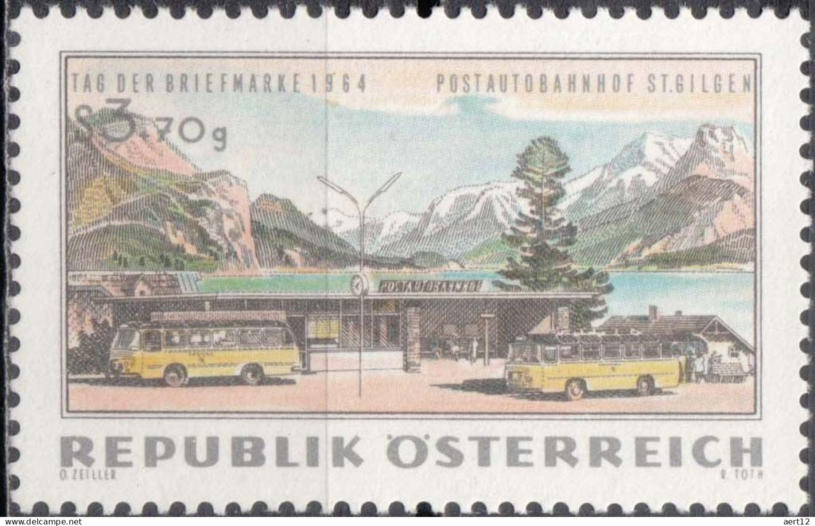 1964, Austria, Stamp Day, Buses, Cars, Landscapes, Mountains, MNH(**), Mi: 1176 - Nuovi