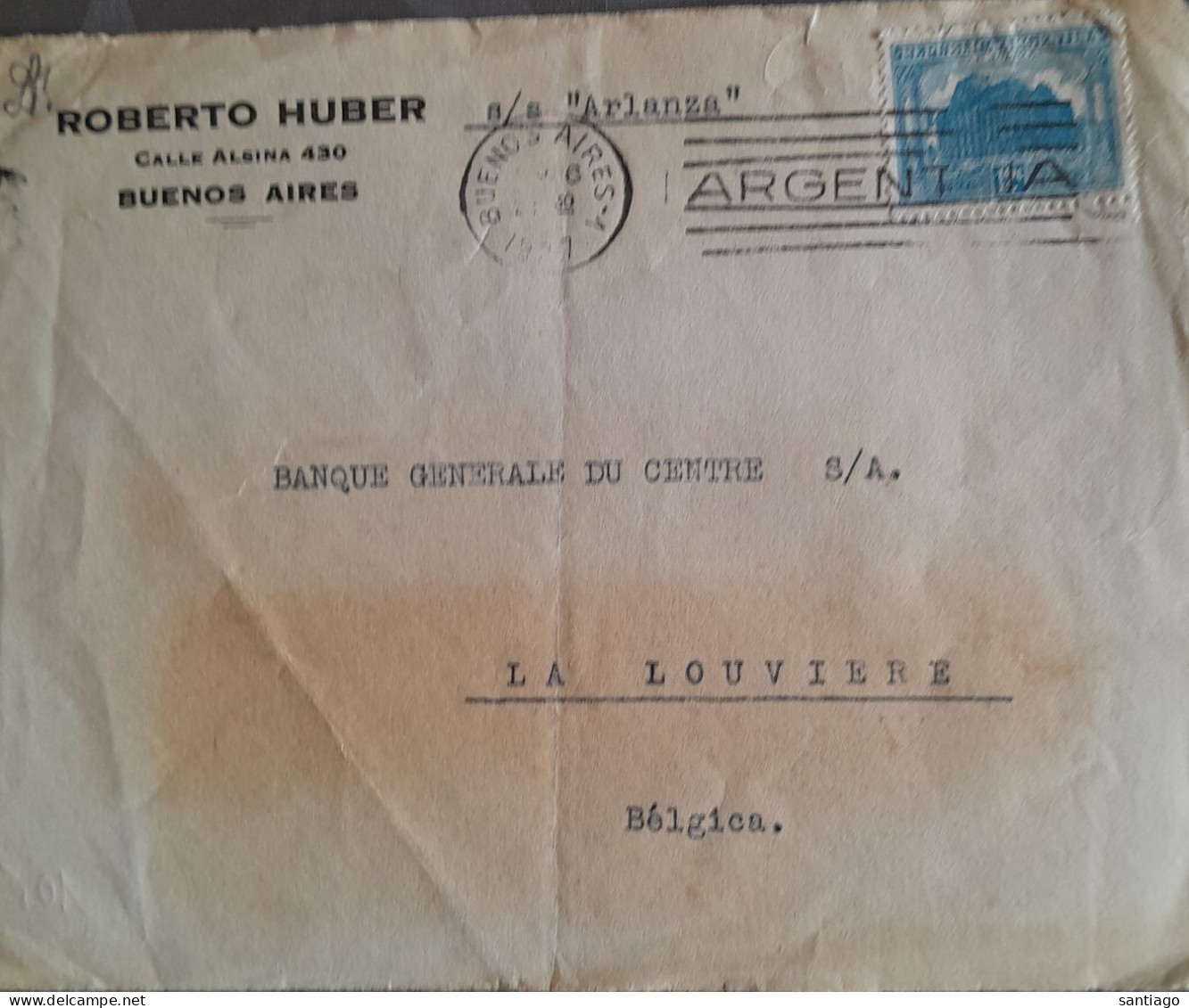 Brief Uit  Buenos Aires Naar La Louvière Met S/S Arlanza - Lettres & Documents