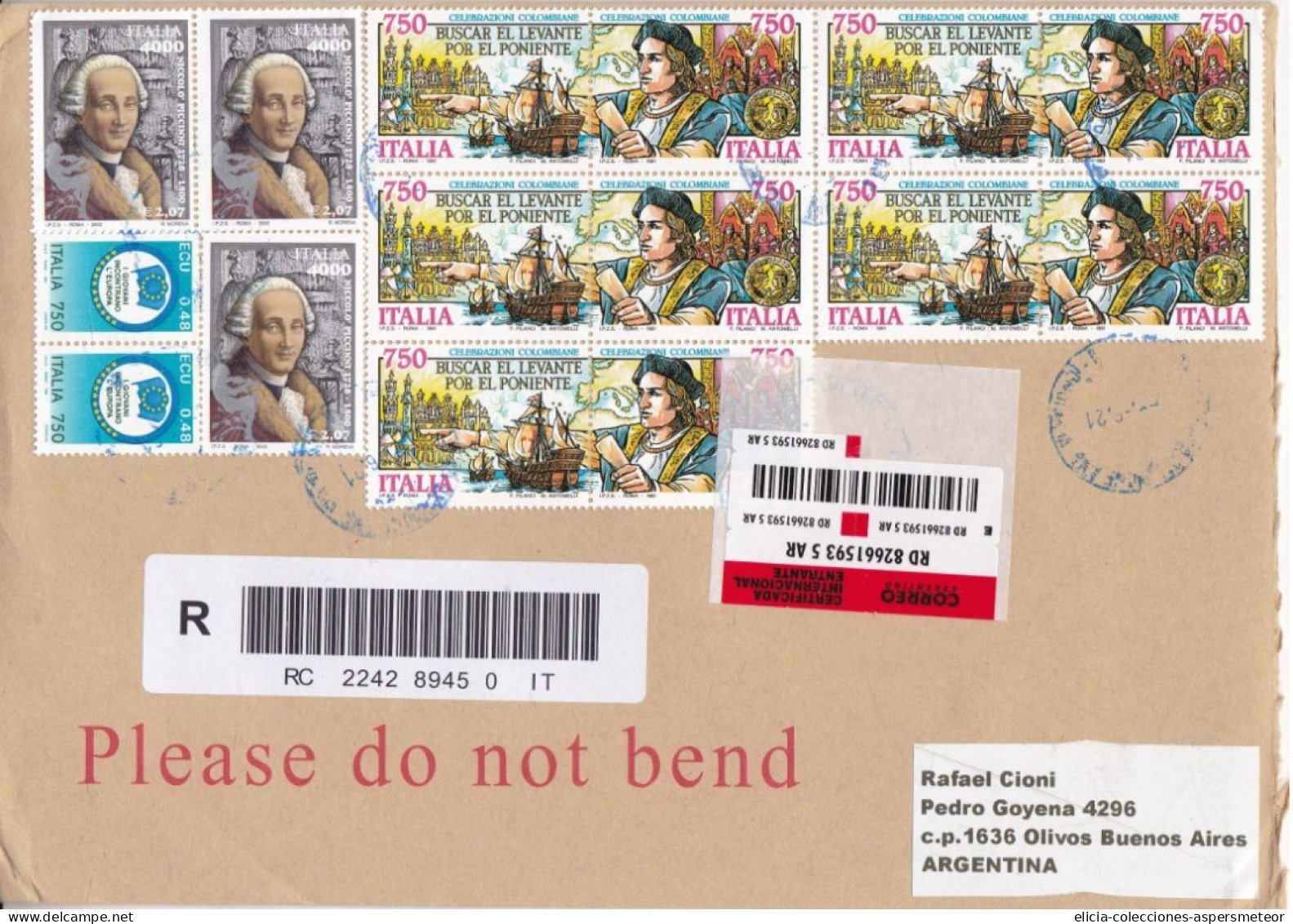 Italy - 2000 - Letter - Sent To Argentina - Caja 30 - 1991-00: Afgestempeld