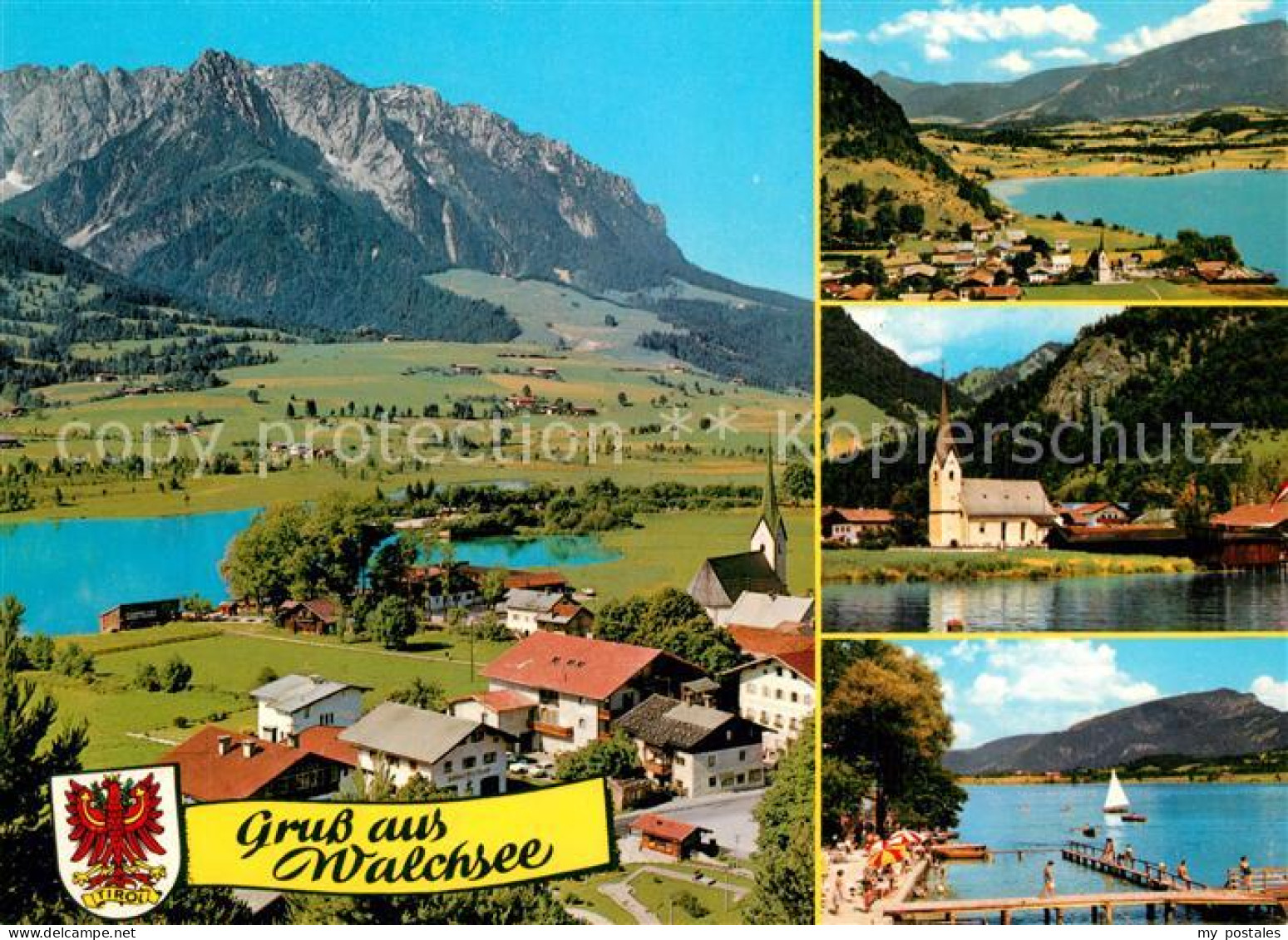 73603979 Walchsee Tirol Panorama Mit Kaisergebirge Kirche Badestrand Steg Walchs - Autres & Non Classés