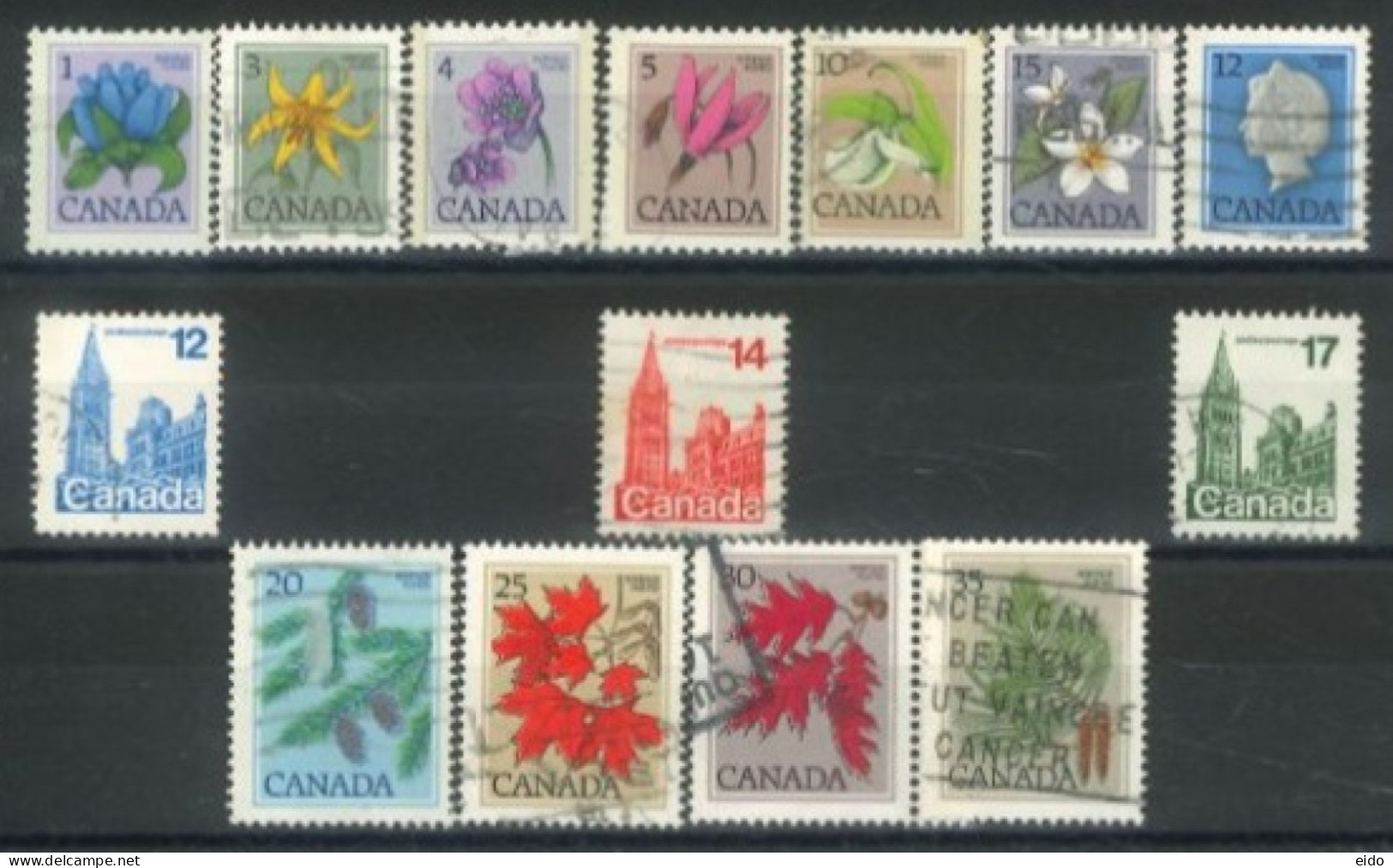 CANADA - 1977, QUEEN ELIZABETH II, HOUSE OF PARLIAMENT, FLOWERS & LEAVES STAMPS SET OF 14, USED. - Gebruikt