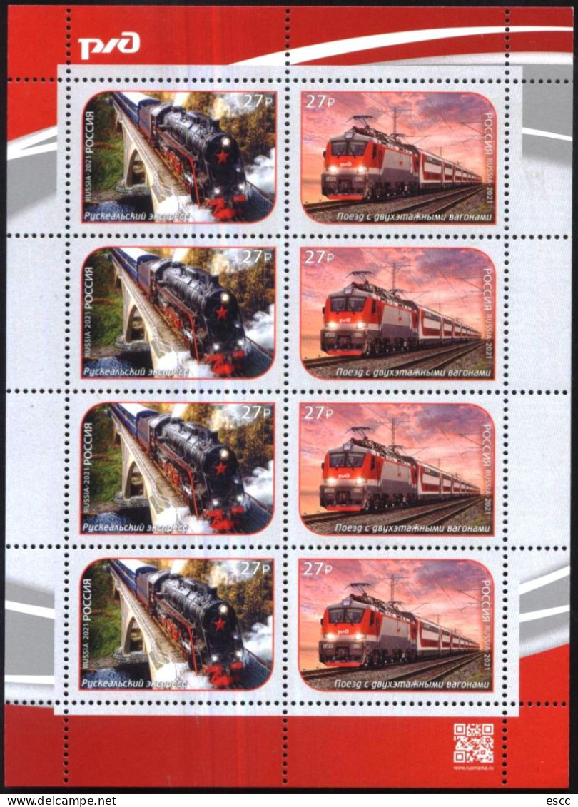 Mint Stamps In Miniature Sheet Transport  Trains Locomotives 2021  From Russia - Trains