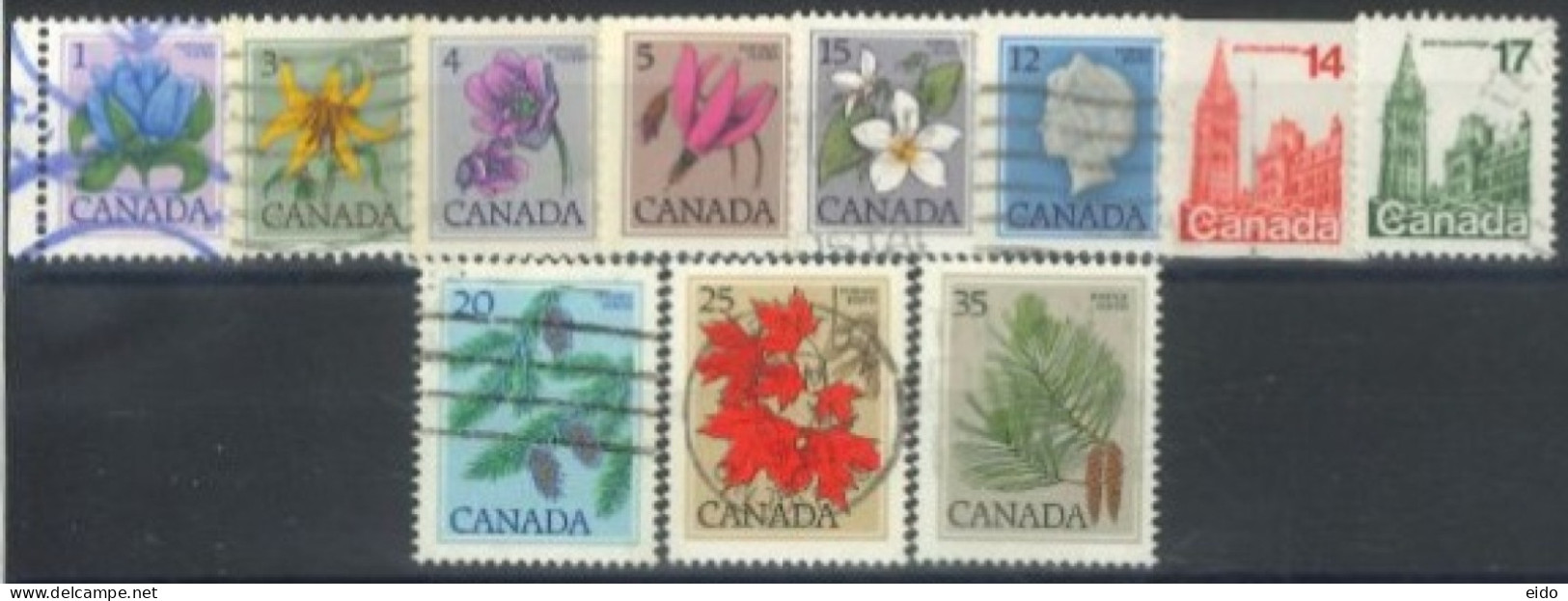 CANADA - 1977, QUEEN ELIZABETH II, HOUSE OF PARLIAMENT, FLOWERS & LEAVES STAMPS SET OF 11, USED. - Usati