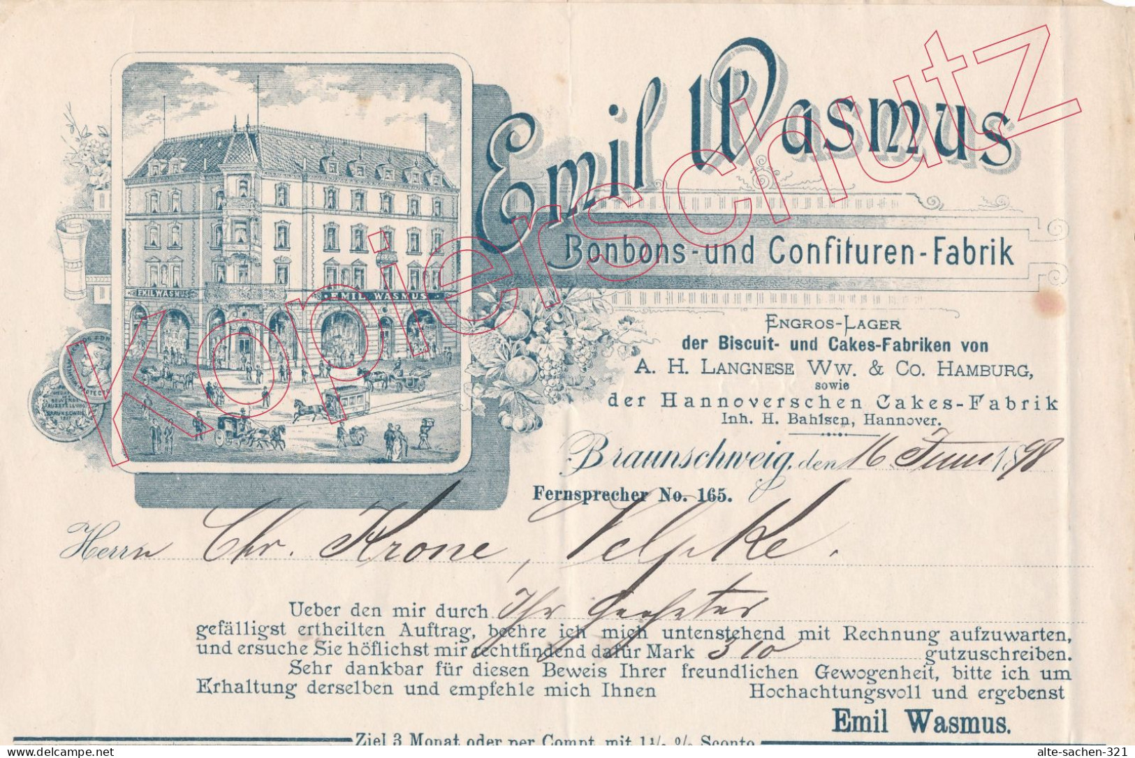 1898 Rechnung Bonbons- Und Confitüren-Fabrik Emil Wasmus Braunschweig - Historical Documents
