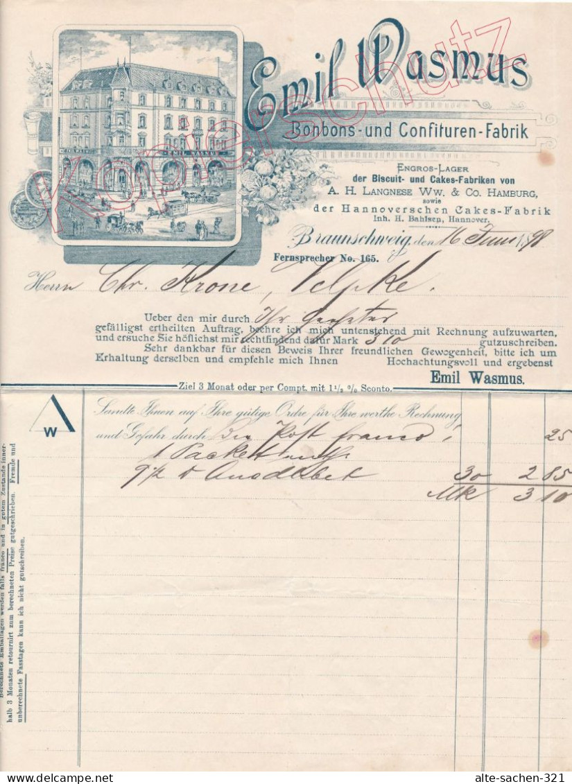 1898 Rechnung Bonbons- Und Confitüren-Fabrik Emil Wasmus Braunschweig - Historical Documents