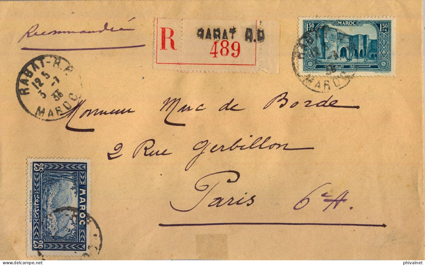 1933 MARRUECOS FRANCÉS , RABAT - PARIS , SOBRE CERTIFICADO - Briefe U. Dokumente