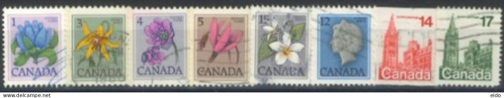 CANADA - 1977, QUEEN ELIZABETH II, HOUSE OF PARLIAMENT, FLOWERS STAMPS SET OF 8, USED. - Gebraucht