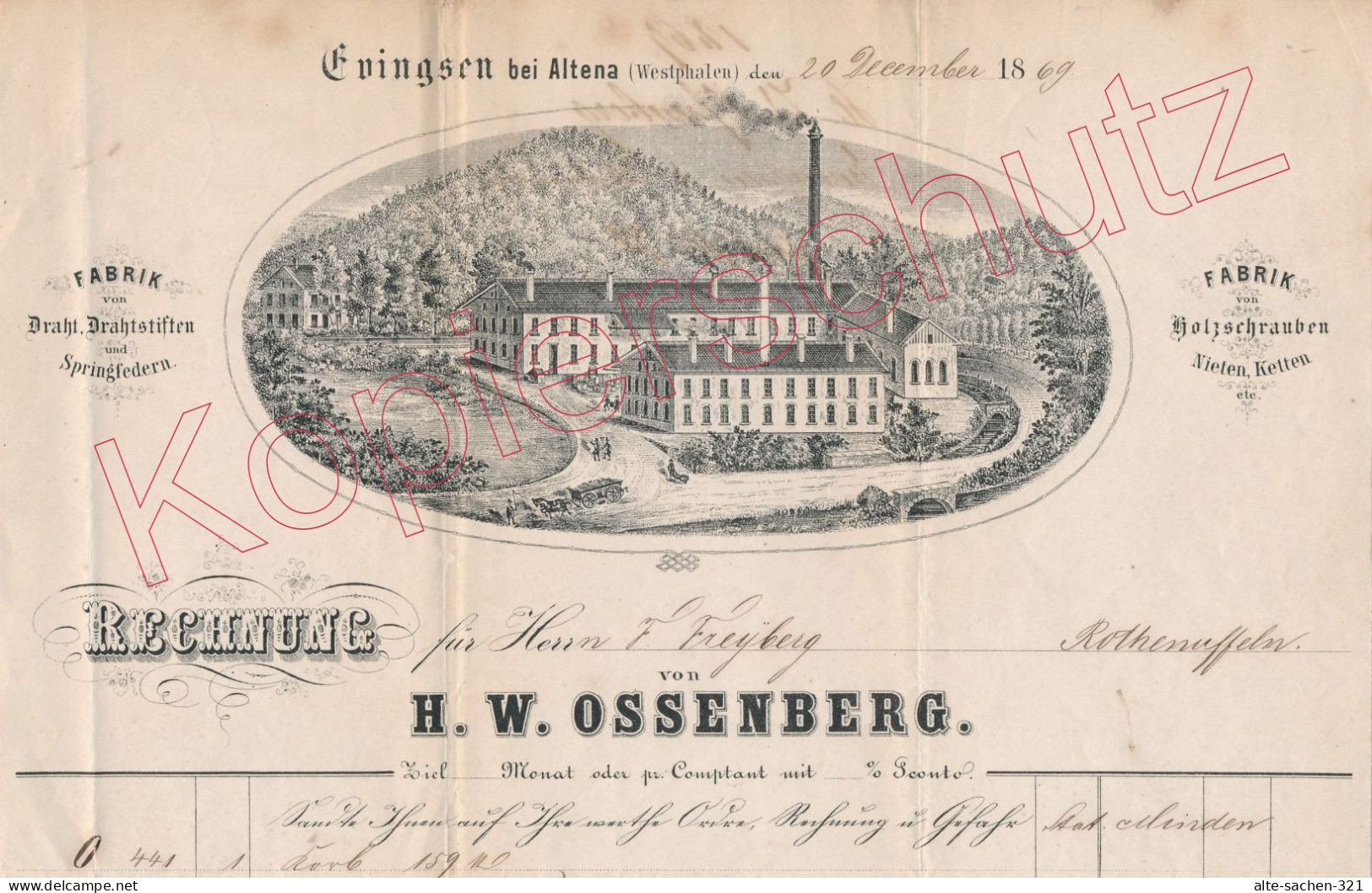 1869 Rechnung Schrauben-, Federn-, Drahtstifte-Fabrik H. W. Ossenberg Evingsen Bei Altena - Historical Documents
