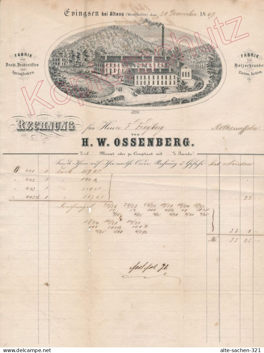 1869 Rechnung Schrauben-, Federn-, Drahtstifte-Fabrik H. W. Ossenberg Evingsen Bei Altena - Historische Dokumente