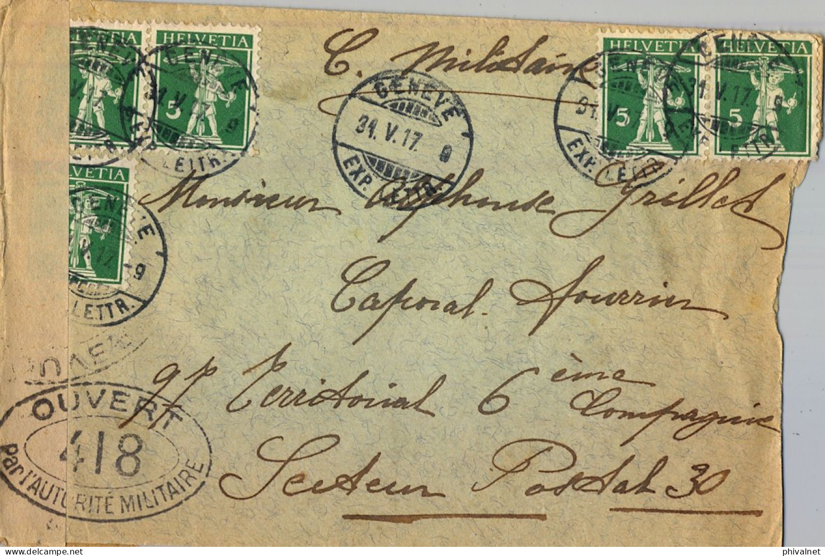 1917 GENEVE - SECTEUR POSTAL 30 , CORREO MILITAR , MARCA Y BANDA DE CENSURA , YV. 136 X 5 - GUILLERMO TELL - Storia Postale