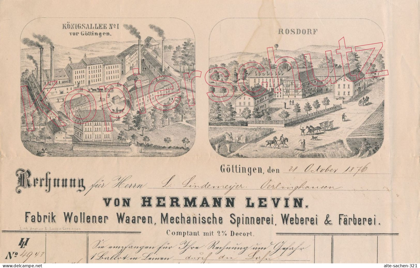 1876 Rechnung Fabrik, Mechanische Spinnerei, Weberei & Färberei Hermann Levin Göttingen Rosdorf - Historical Documents