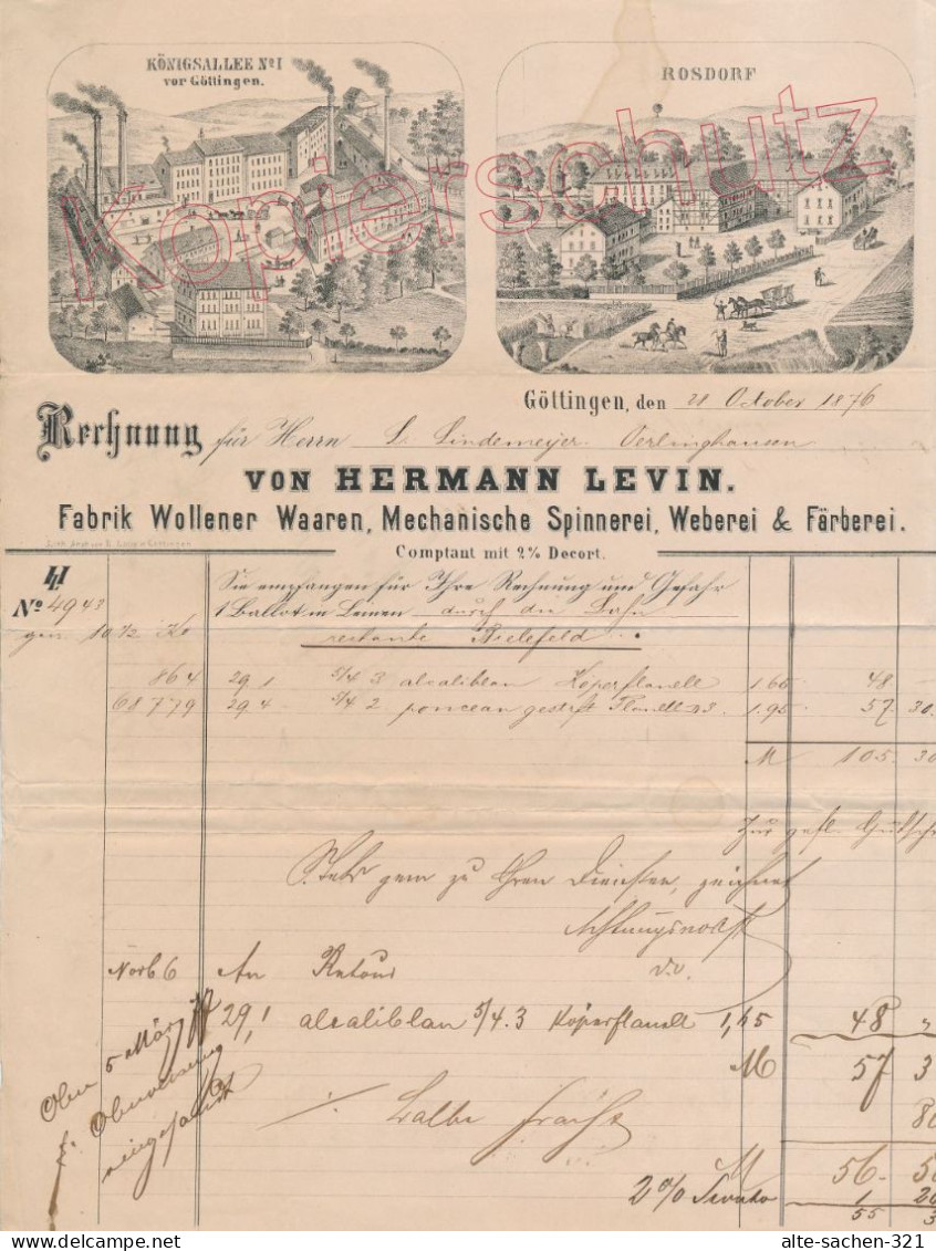 1876 Rechnung Fabrik, Mechanische Spinnerei, Weberei & Färberei Hermann Levin Göttingen Rosdorf - Documents Historiques