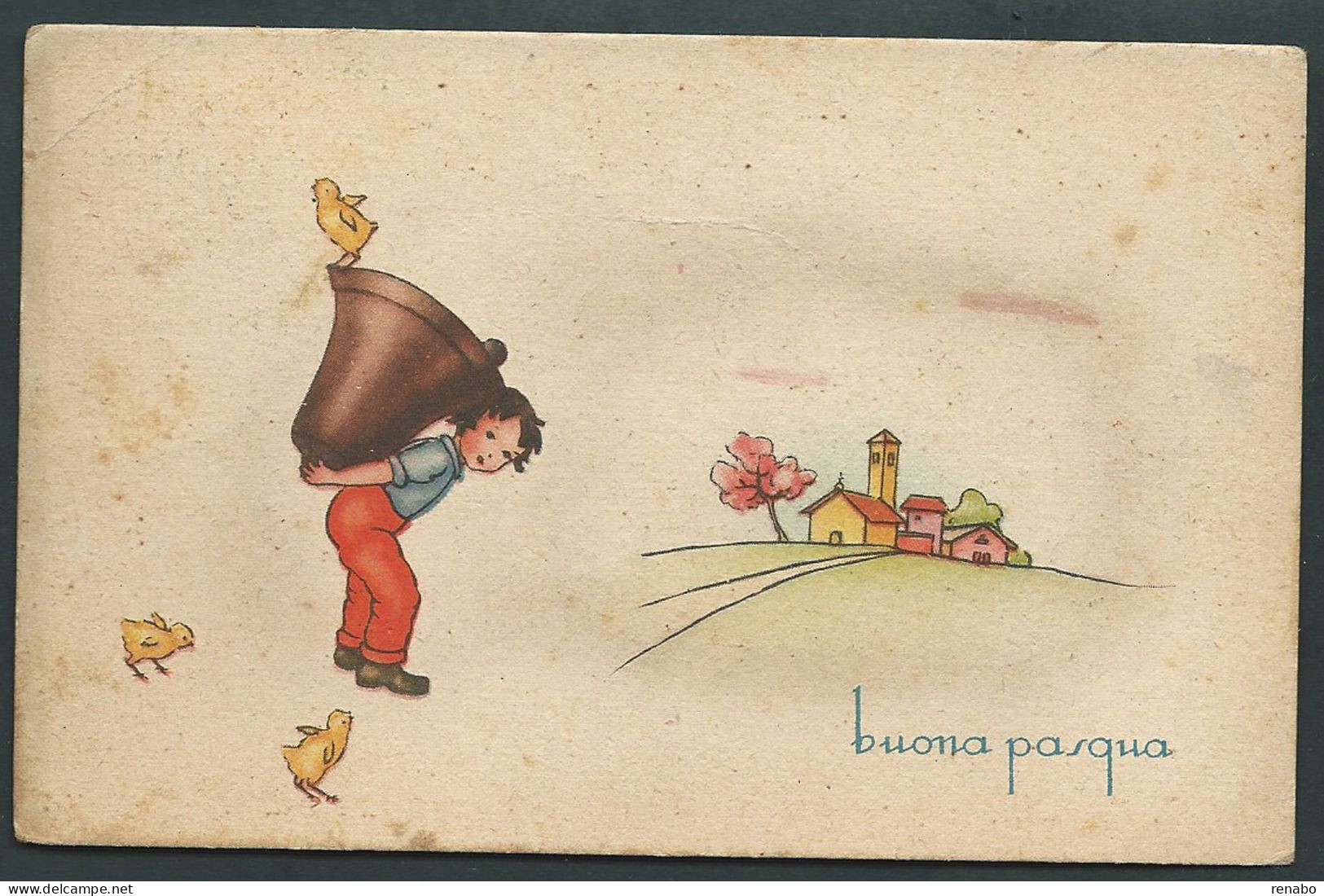 Buona Pasqua - Italia 1948 - Viaggiata Con Democratica Da Lire 8 . Bambino Con Campana E Pulcini - Pâques