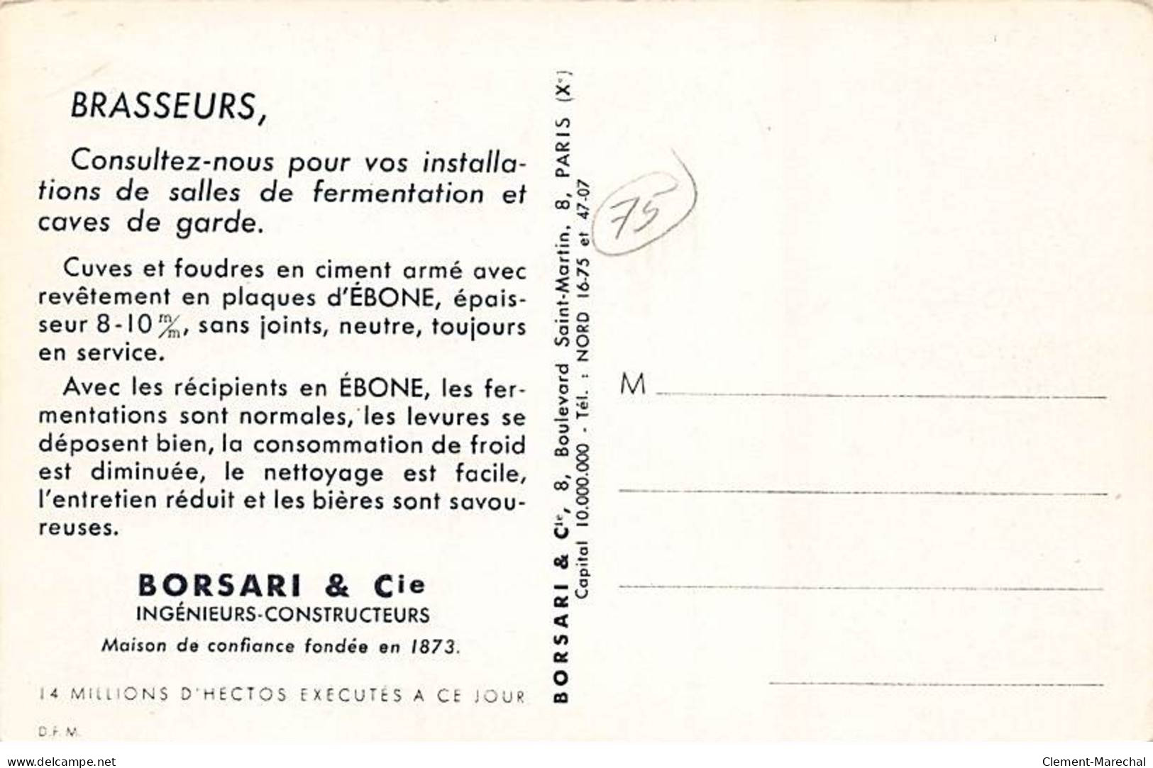 PARIS - BORSARI & Cie - Boulevard Saint Martin - Cave De Fermentation Avec Revêtement " Ebone " - Très Bon état - Distrito: 10