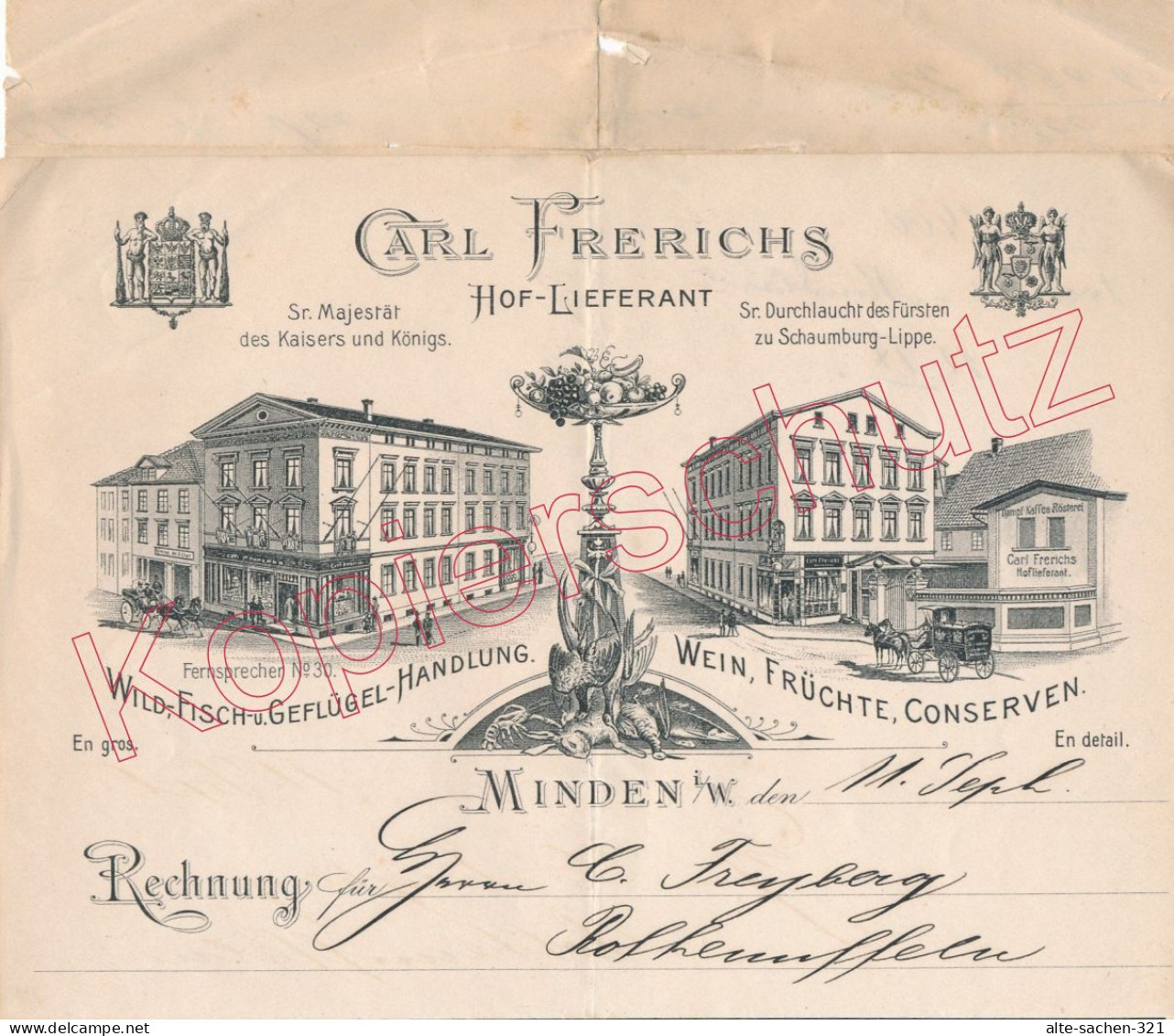 1900 Rechnung Hof-Lieferant Lebensmittel-Handlung Carl Frerichs Bäckerstraße Minden - Historische Dokumente