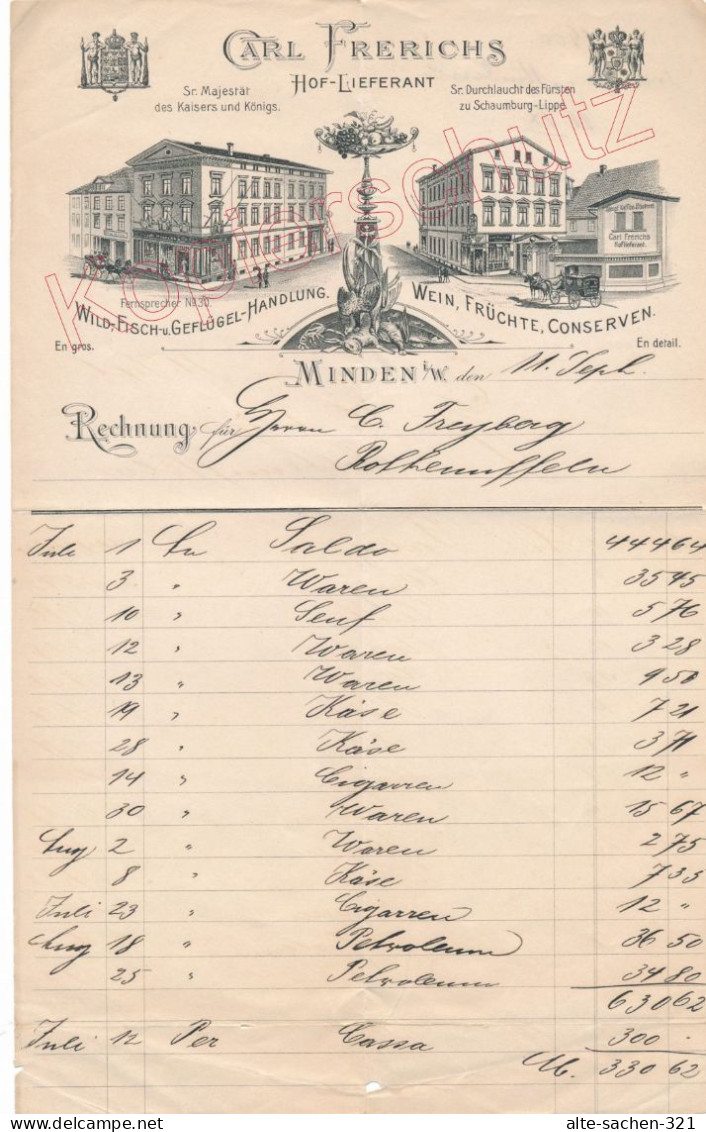 1900 Rechnung Hof-Lieferant Lebensmittel-Handlung Carl Frerichs Bäckerstraße Minden - Historische Dokumente