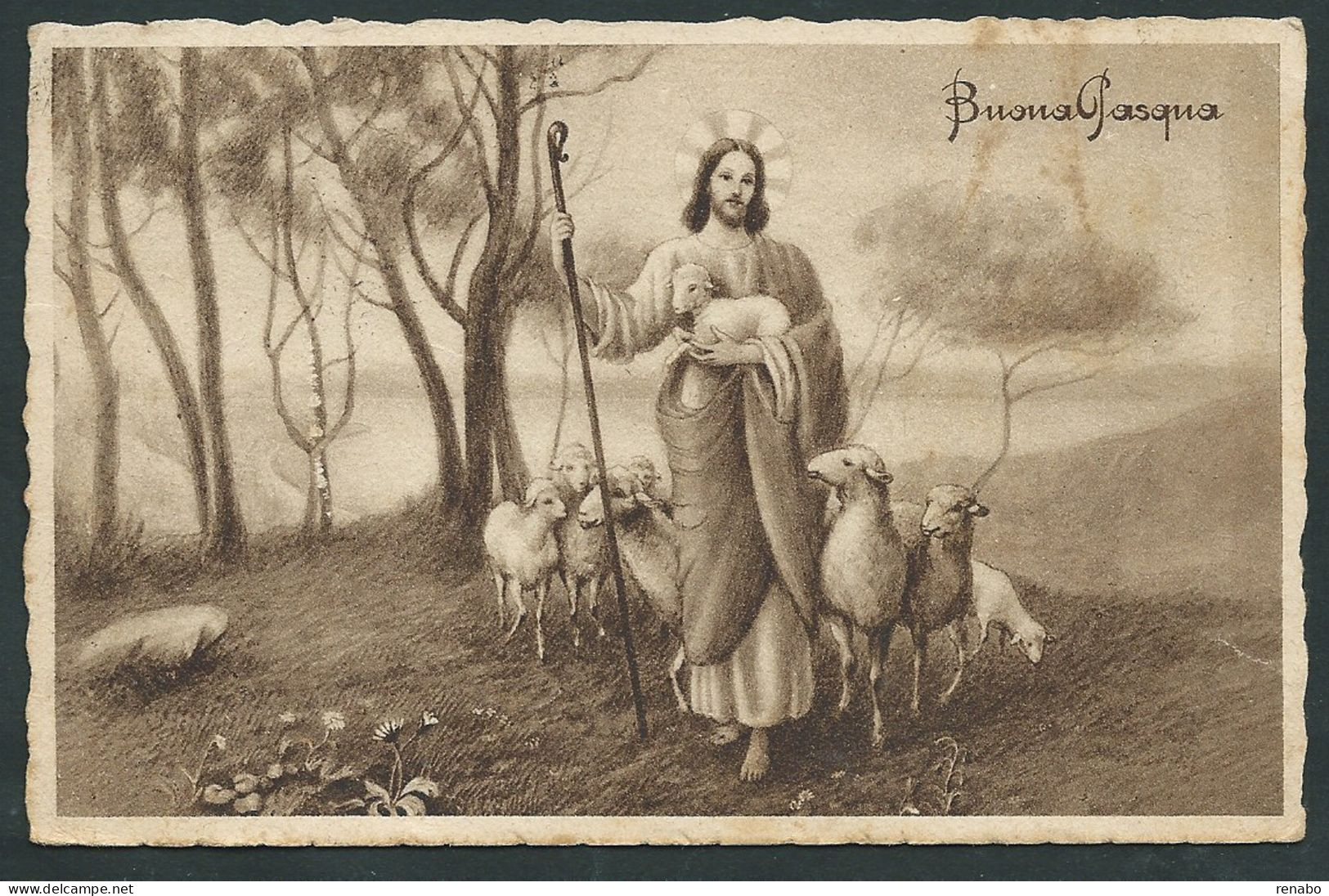 Buona Pasqua - Italia 1947 - Cristo Risorto , Pastore Tra Le Pecore . Viaggiata Con Democratica Da Lire 3 - Pâques
