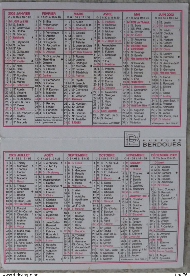 Petit Calendrier De Poche Parfumé 2002 Coiffeur Coiffure  Berdoues Pure Irony Avenue Olivier Heuzé Le Mans Sarthe - Tamaño Pequeño : 2001-...