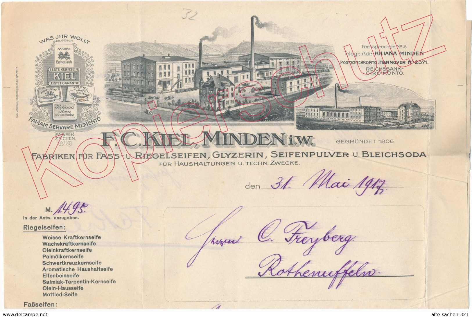 1917 Rechnung Seifen-Fabriken F. C. Kiel Minden. Mit Signatur Des Eigentümers! - Historische Dokumente
