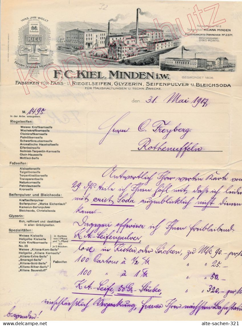 1917 Rechnung Seifen-Fabriken F. C. Kiel Minden. Mit Signatur Des Eigentümers! - Documents Historiques