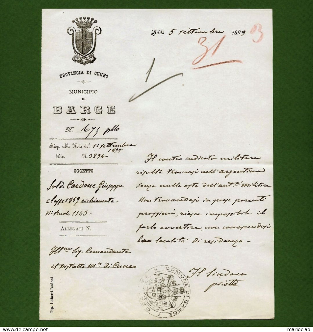 D-IT Regno D'Italia Barge Cuneo 1899 Espatrio In Argentina Di Militare Senza Nulla-Osta - Historische Dokumente