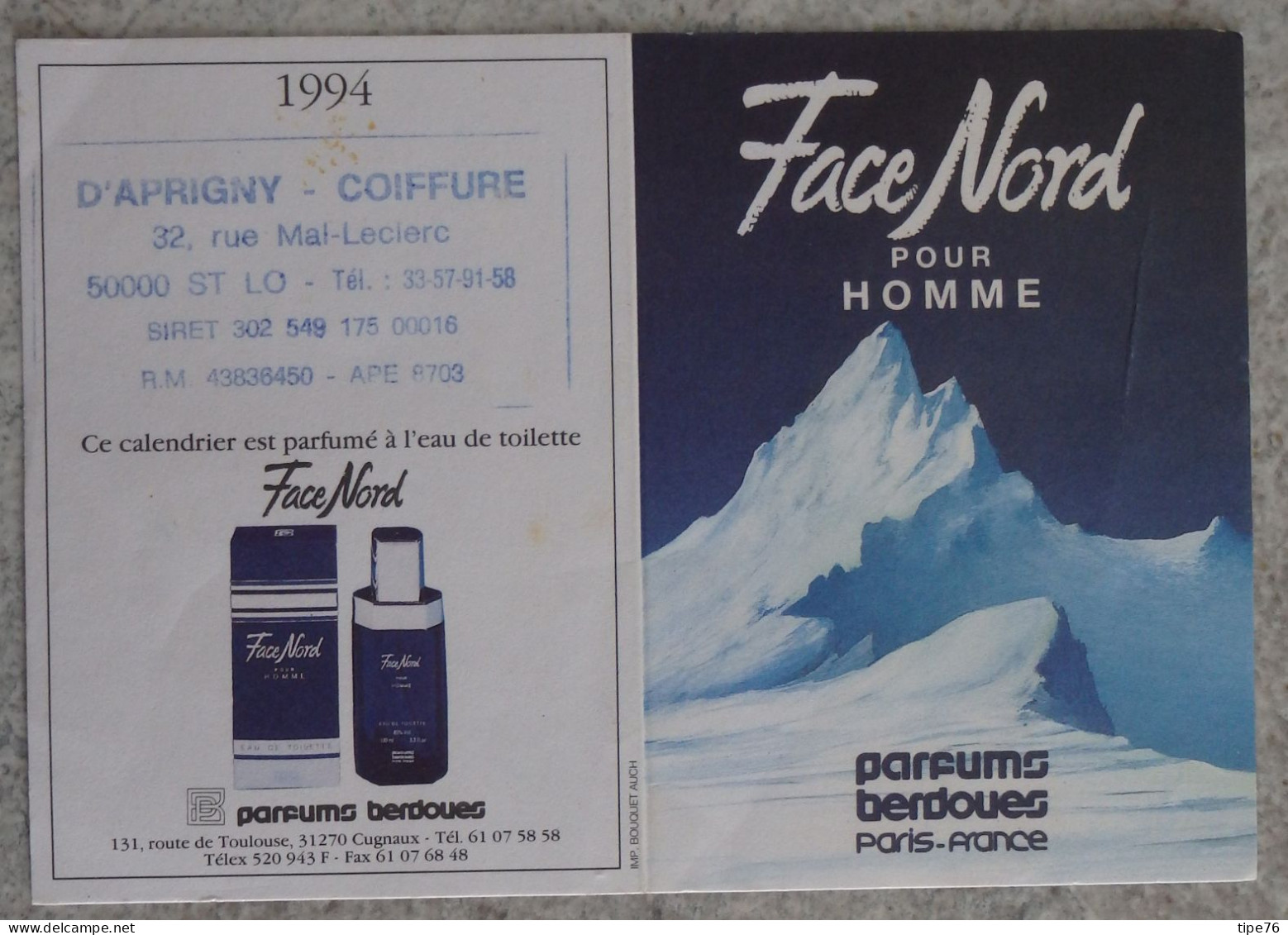 Petit Calendrier De Poche Parfumé 1994 Coiffeur Coiffure  Berdoues Face Nord Saint St Lô Manche - Klein Formaat: 1991-00