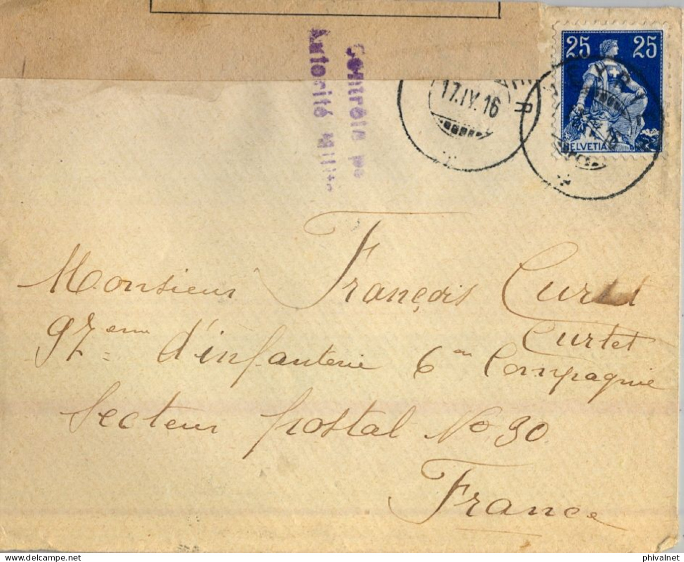 1916 , EYRIL - SECTEUR POSTAL Nº 30 , BANDA DE CIERRE Y MARCA DE CENSURA MILITAR - Lettres & Documents