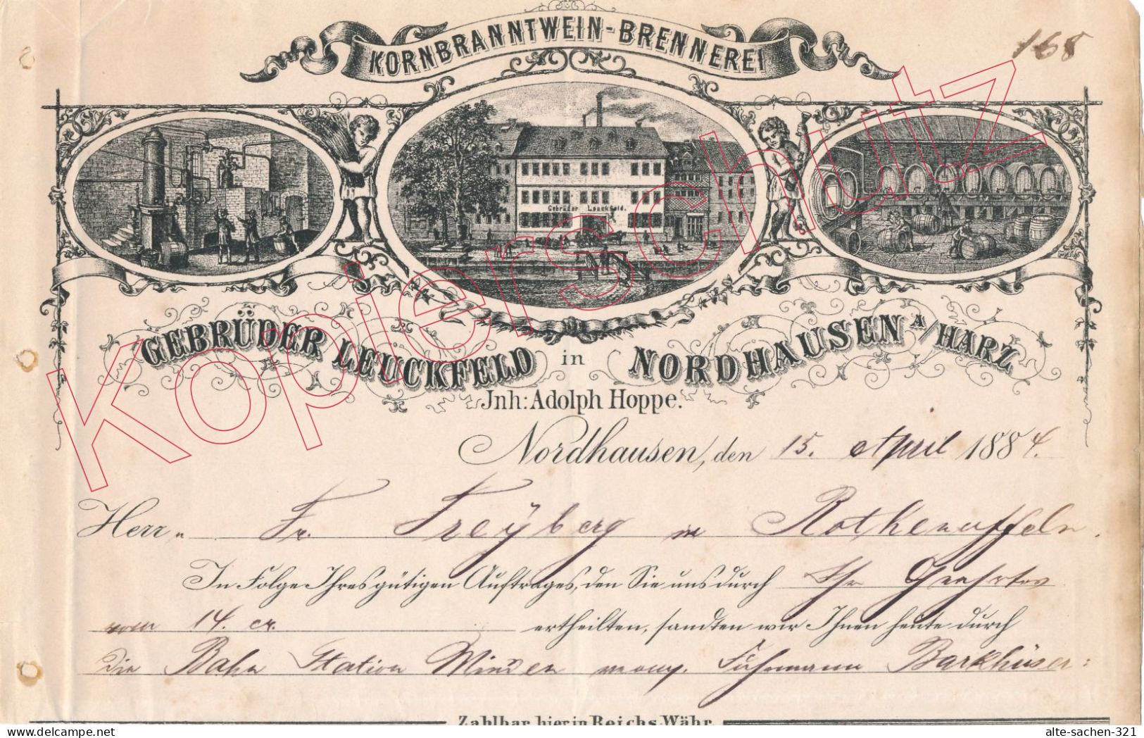 1884 Rechnung Kornbranntwein-Brennerei Gebr. Leuckfeld Nordhausen Harz - Historical Documents