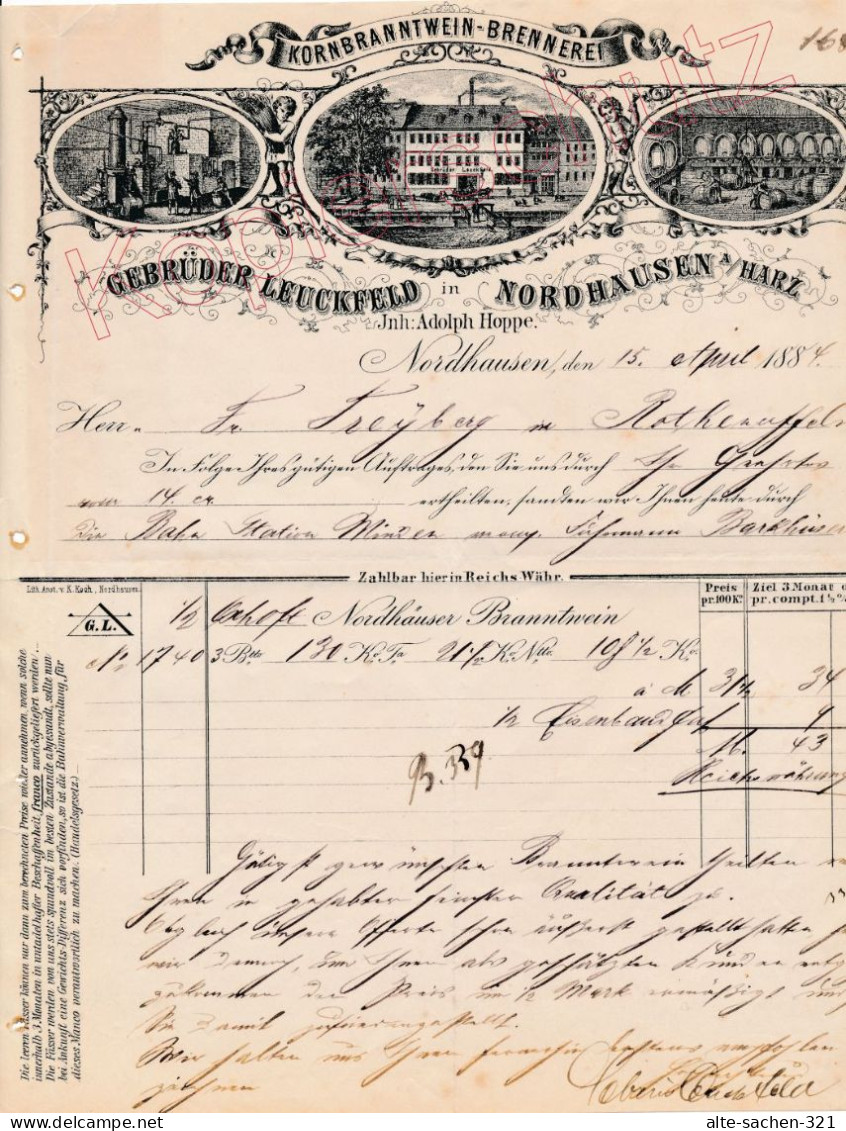 1884 Rechnung Kornbranntwein-Brennerei Gebr. Leuckfeld Nordhausen Harz - Historical Documents