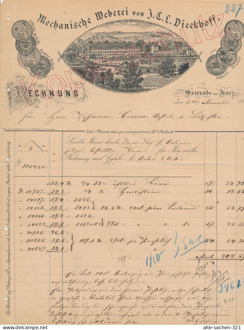 1885 Rechnung Mechanische Weberei J. C. L. Dieckhoff Osterode Harz - Historical Documents