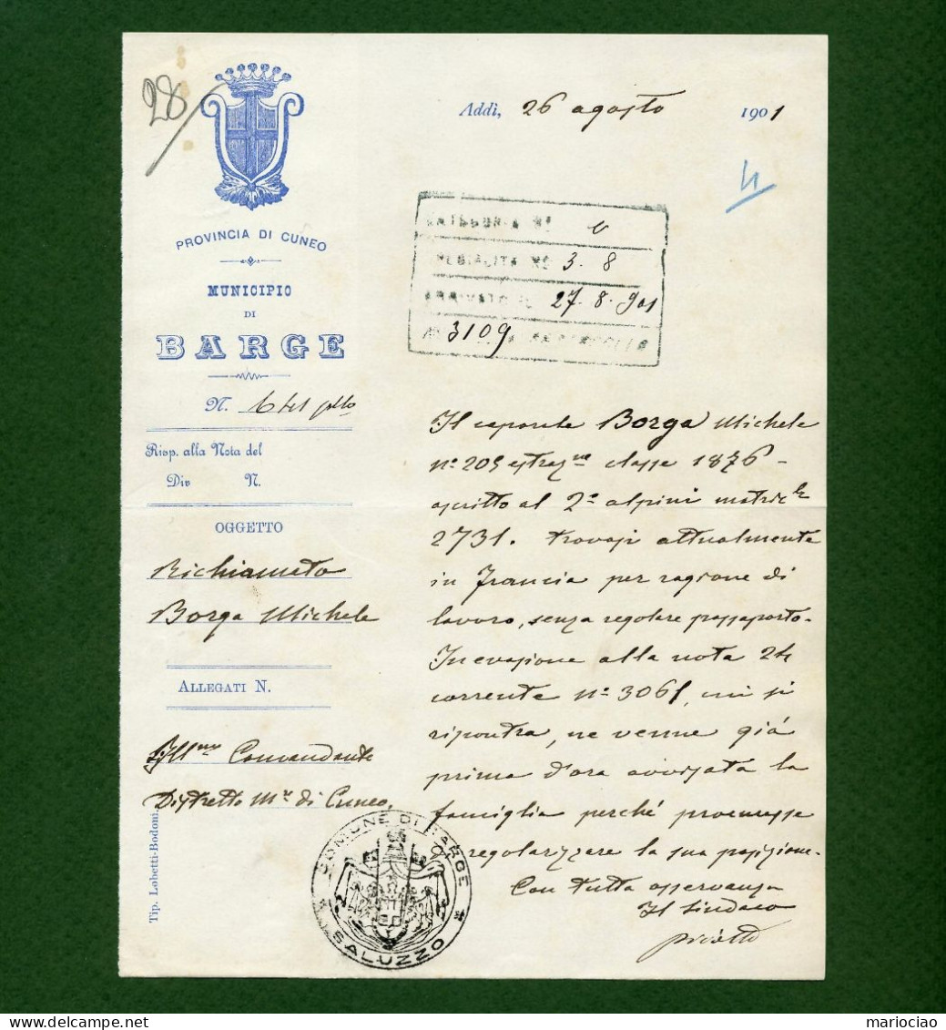 D-IT Regno D'Italia Barge Cuneo 1901 Espatrio In Francia Di Militare Senza Passaporto - Historical Documents