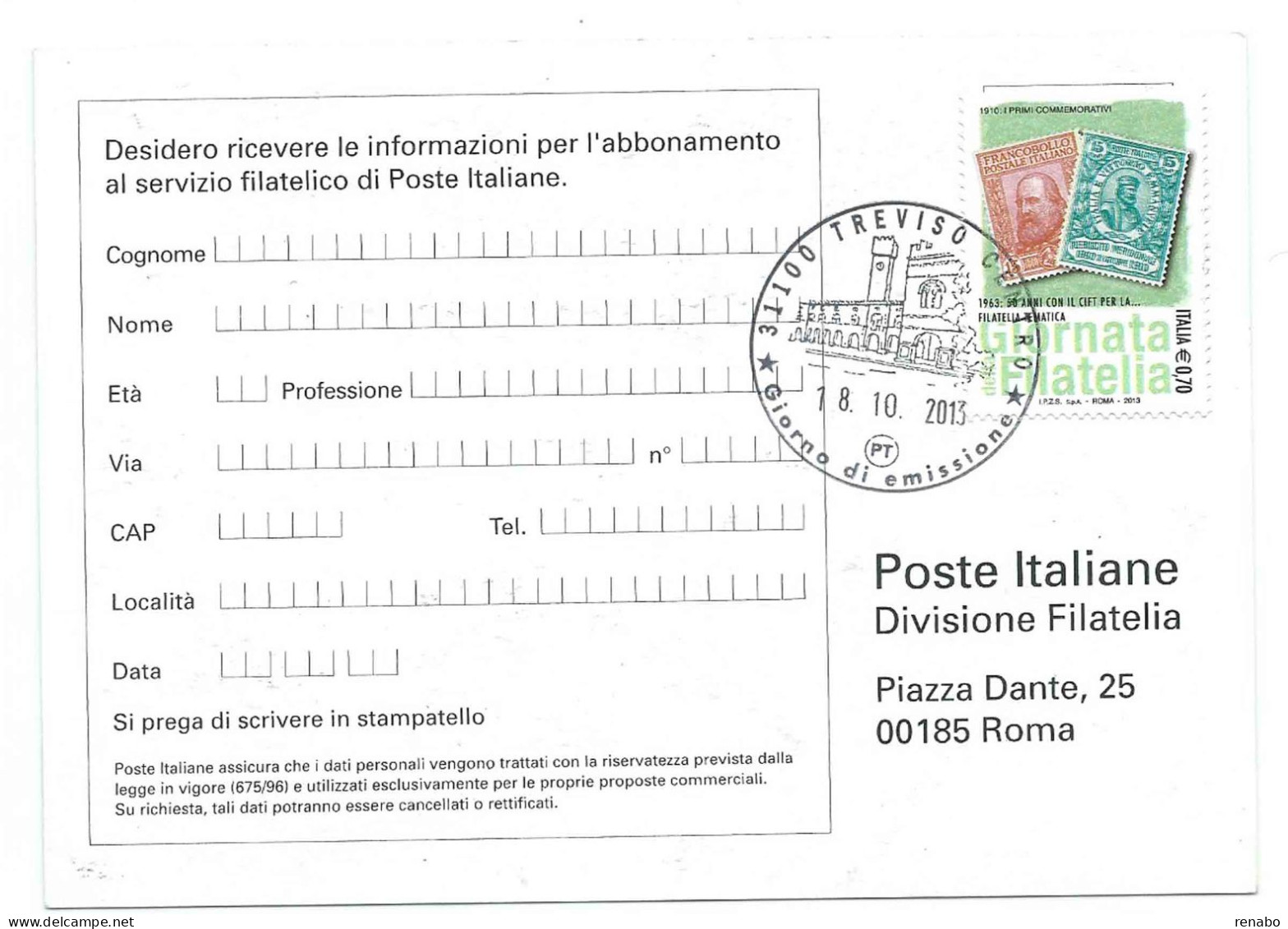 Italia 2013; FDC: Giornata Della Filatelia: Francobollo Con Garibaldi;su Cartolina Delle Poste Italiane Del 2000 - 2011-20: Poststempel