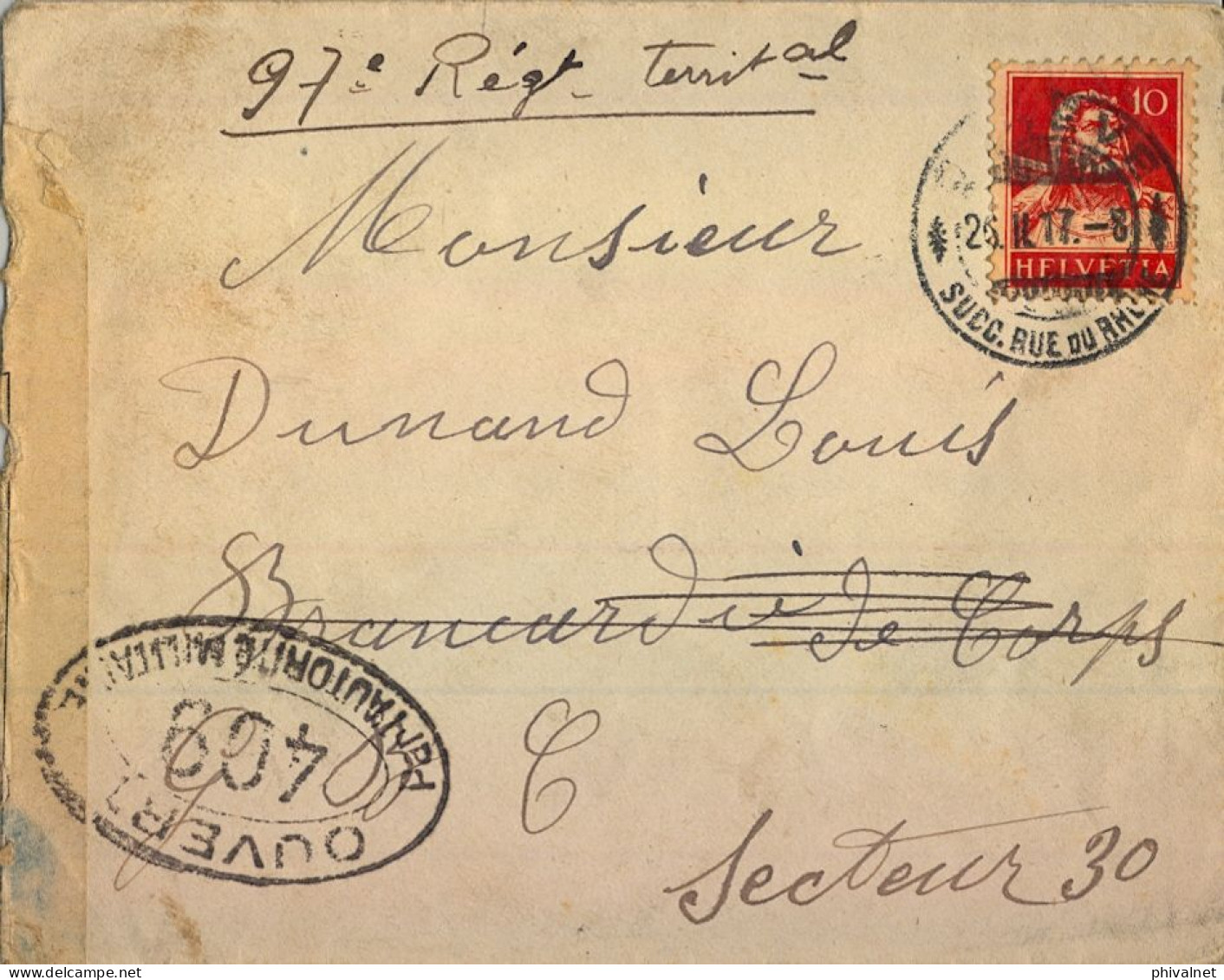 1917 , GENEVE - SECTEUR POSTAL Nº 30 , BANDA DE CIERRE Y MARCA DE CENSURA MILITAR - Covers & Documents