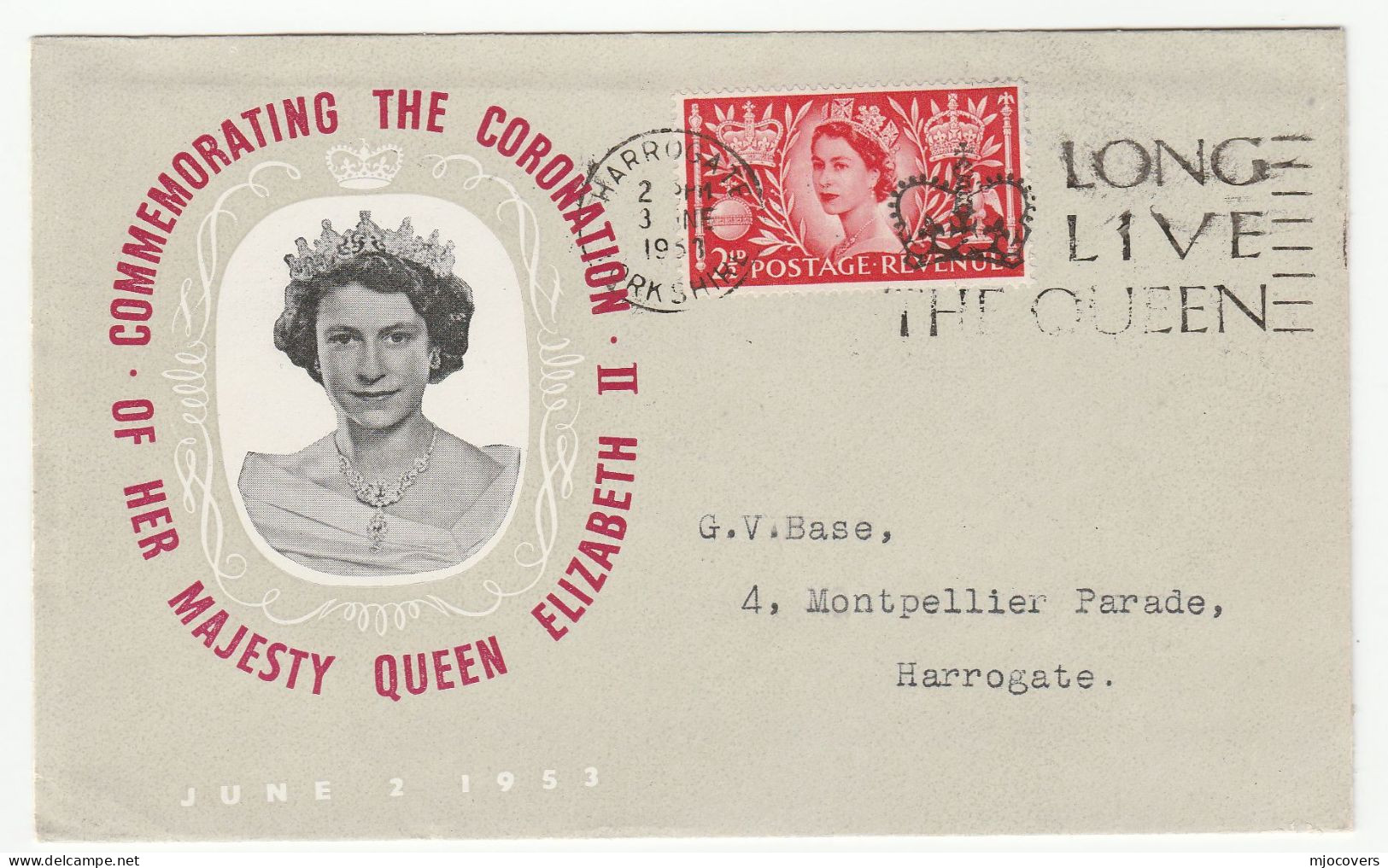 Royalty 1953 GB FDC Coronation LONG LIVE THE QUEEN Slogan Harrogate Cover Stamps - 1952-1971 Dezimalausgaben (Vorläufer)
