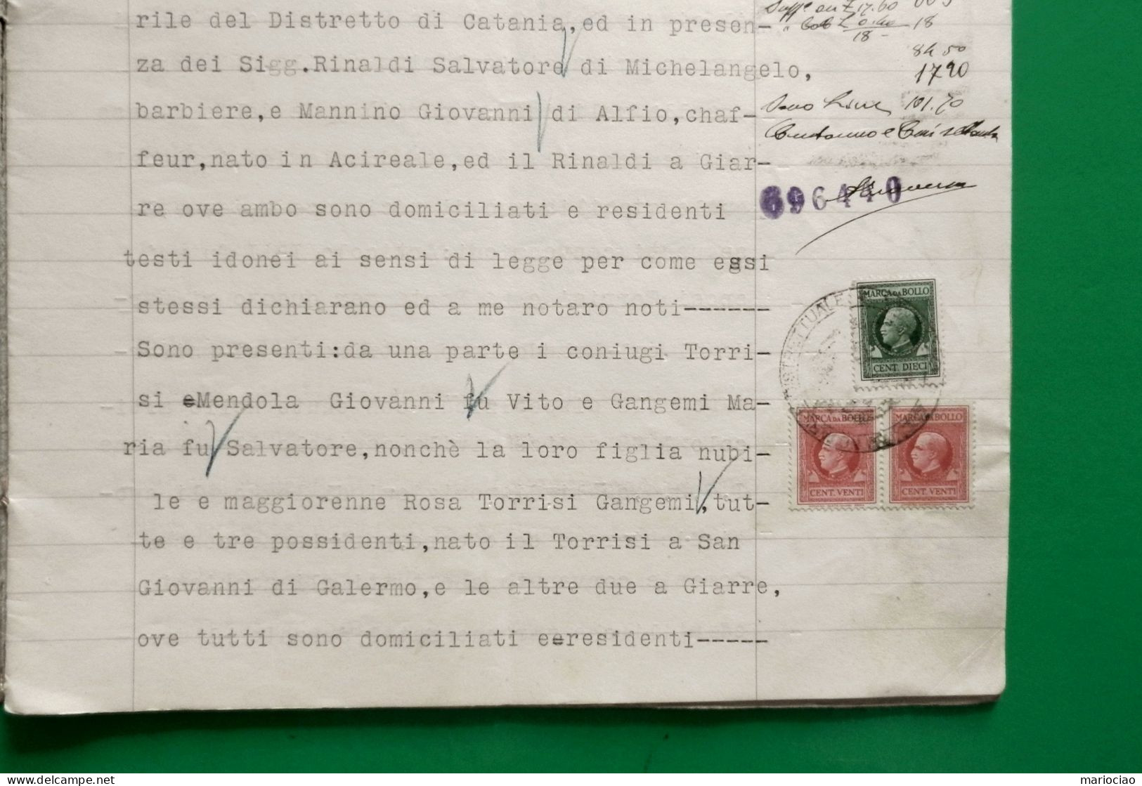 D-IT Regno D'Italia CATANIA 1922 CONTRATTO MATRIMONIALE Con 4 Marche Fiscali - Historische Dokumente