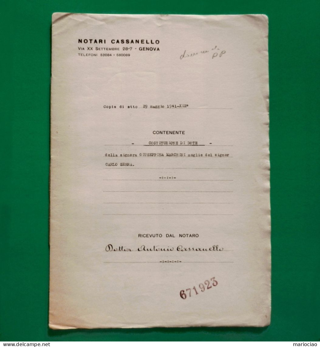 D-IT Regno D'Italia GENOVA 1941 COSTITUZIONE DI DOTE Con 1 Marca Fiscale - Documentos Históricos