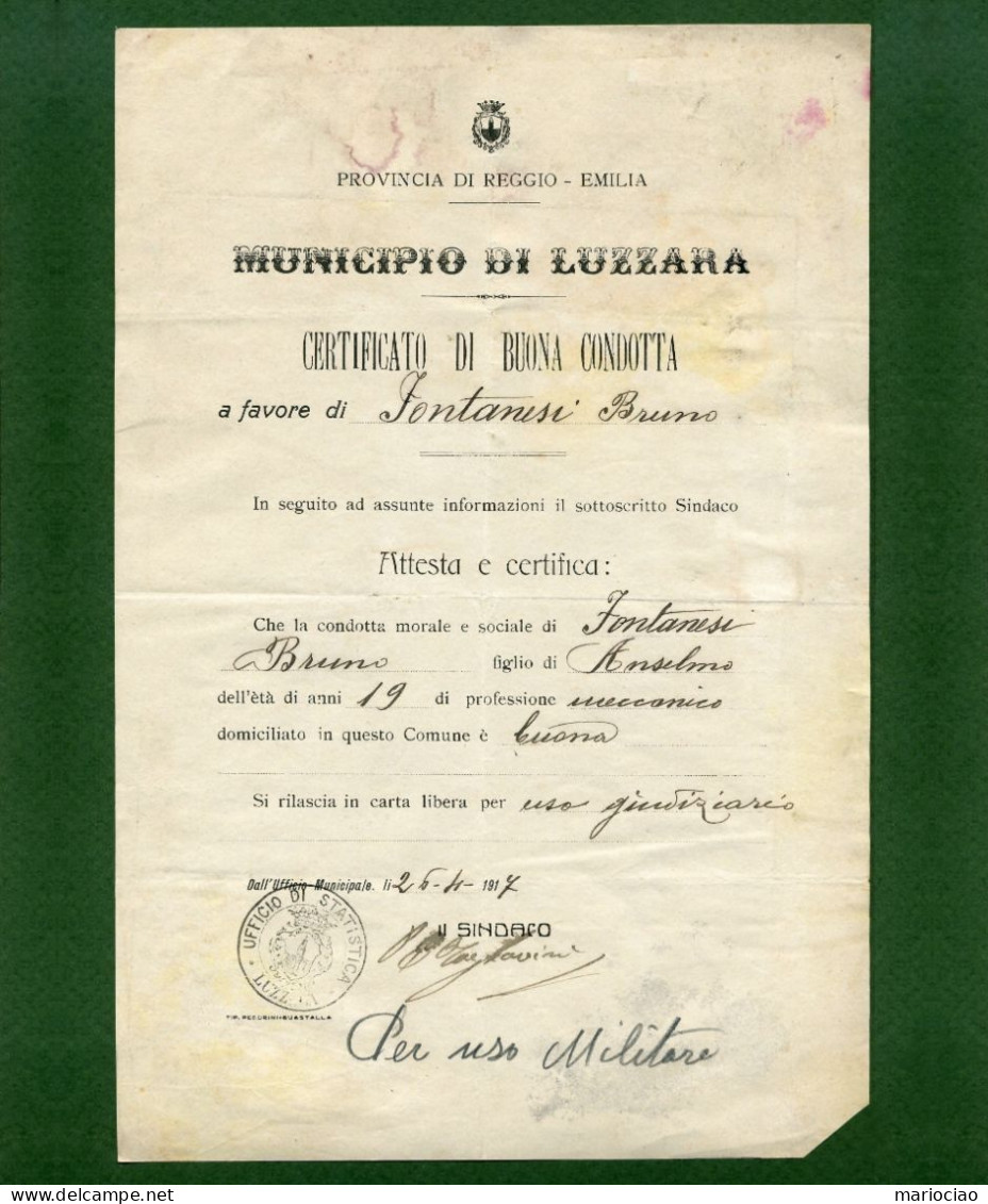 D-IT Regno D'Italia Luzzara Reggio Emilia 1917 Certificato Di Buona Condotta - Documenti Storici