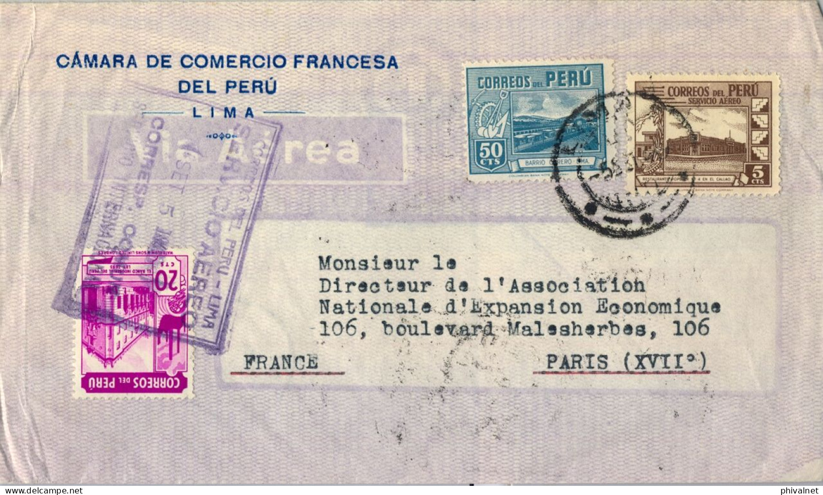 1946 LIMA - PARIS , CÁMARA DEL COMERCIO FRANCESA EN PERÚ , SERVICIO INTERNACIONAL AÉREO - Perù