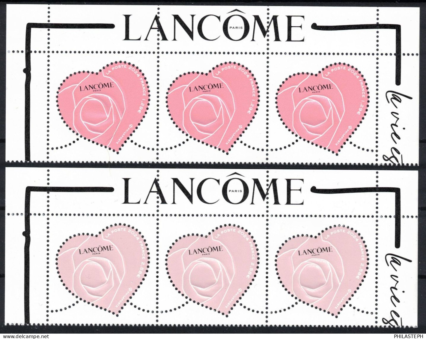 FRANCE 2024 - 2 Valeurs - Bandes De 3  Hauts De Feuilles - Cœurs Saint Valentin - Lancôme -  YT 5743/44 Neuf ** - Unused Stamps