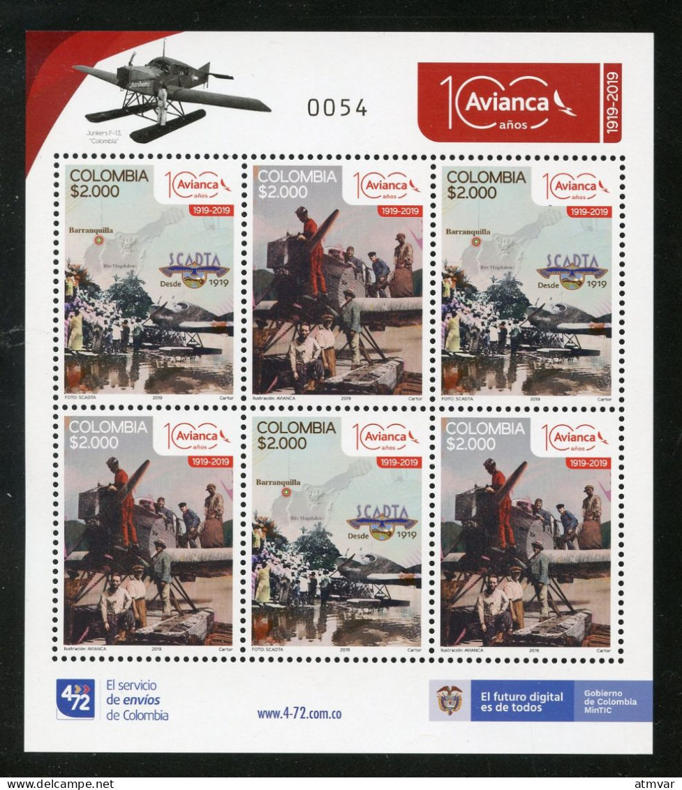 COLOMBIA (2019) 100 Años AVIANCA SCADTA, Hidroavión Junkers F 13 Seaplane, Hydravion, Wasserflugzeug - Mint Mini Sheet - Colombia
