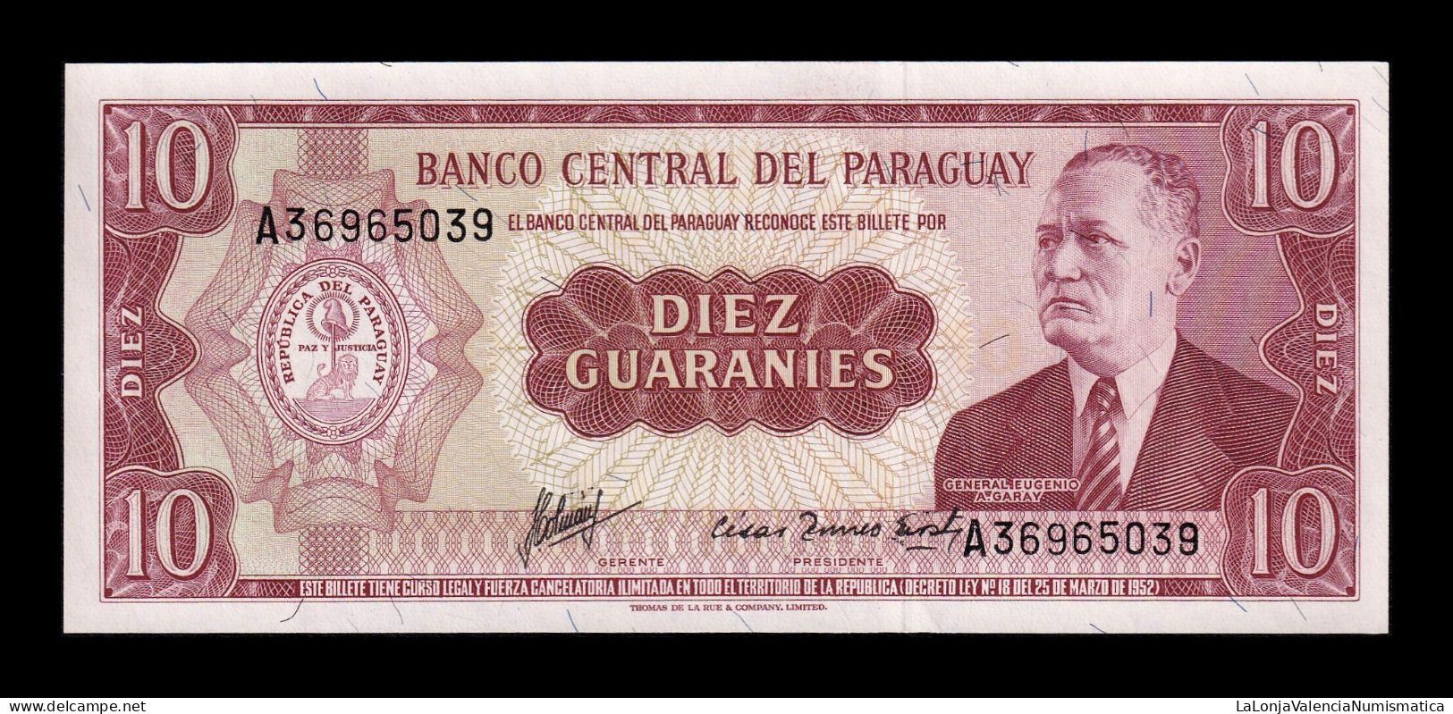 Paraguay 10 Guaraníes L.1952 (1963) Pick 196b Sc Unc - Paraguay
