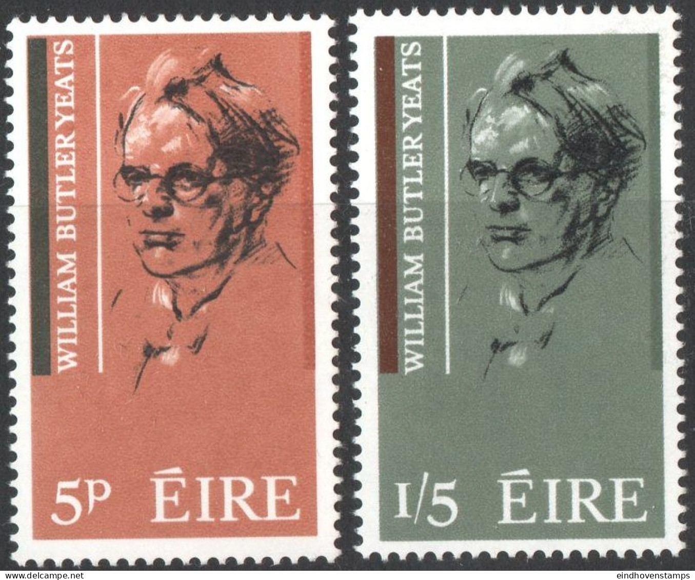 Eire 1965 William Butler Yeats, Writer, 2 Values MNH Ireland Portrait By Sean O'Sullivan - Ecrivains