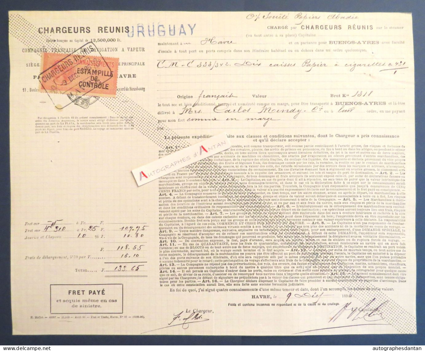 ● Chargeurs Réunis Le Havre 1896 Steamer URUGUAY Caisses Papier à Cigarettes Connaissement Maritime Mendy Buenos Ayres - Verkehr & Transport